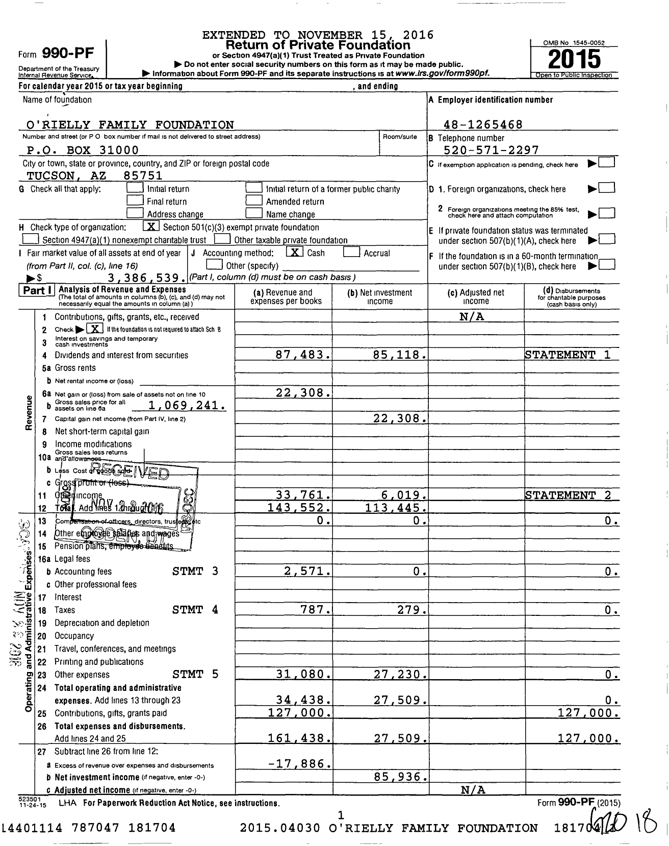 Image of first page of 2015 Form 990PF for O'Rielly Family Foundation