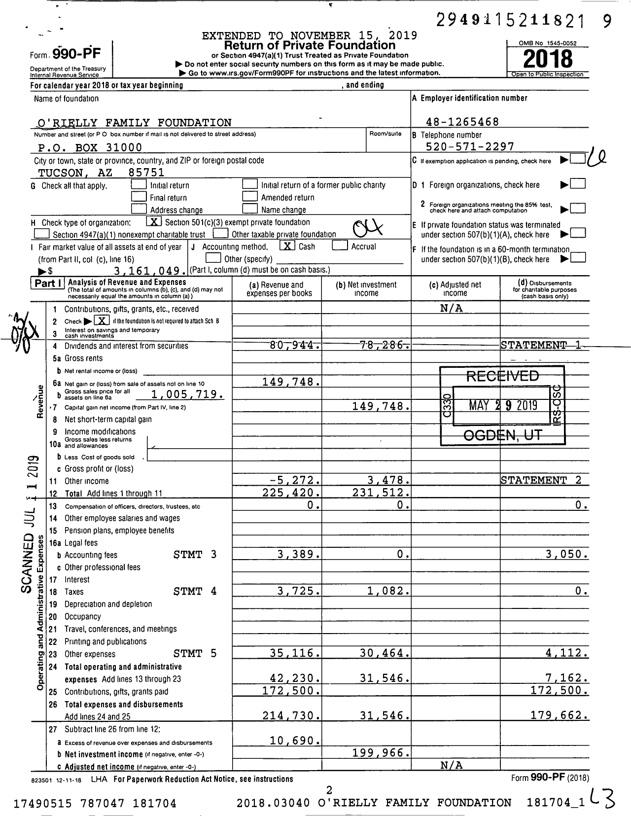 Image of first page of 2018 Form 990PF for O'Rielly Family Foundation