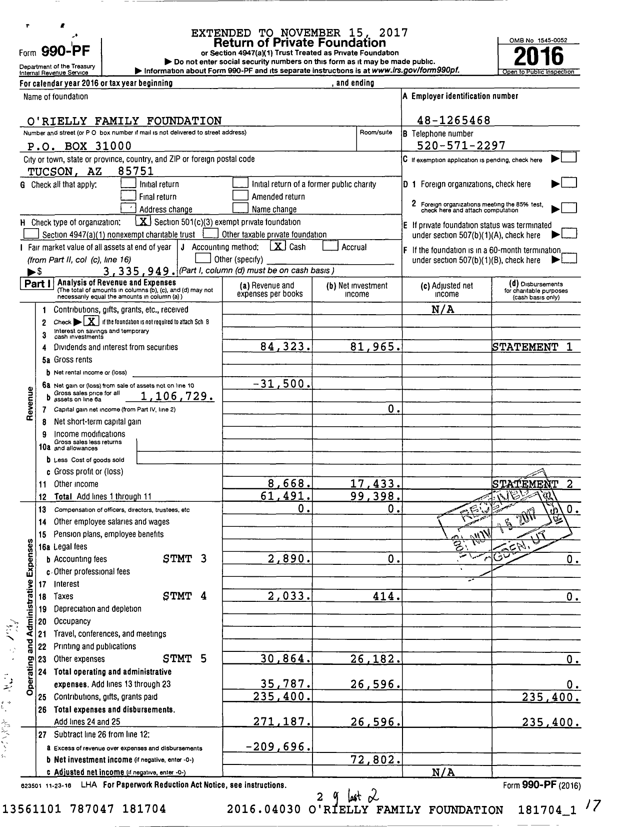 Image of first page of 2016 Form 990PF for O'Rielly Family Foundation