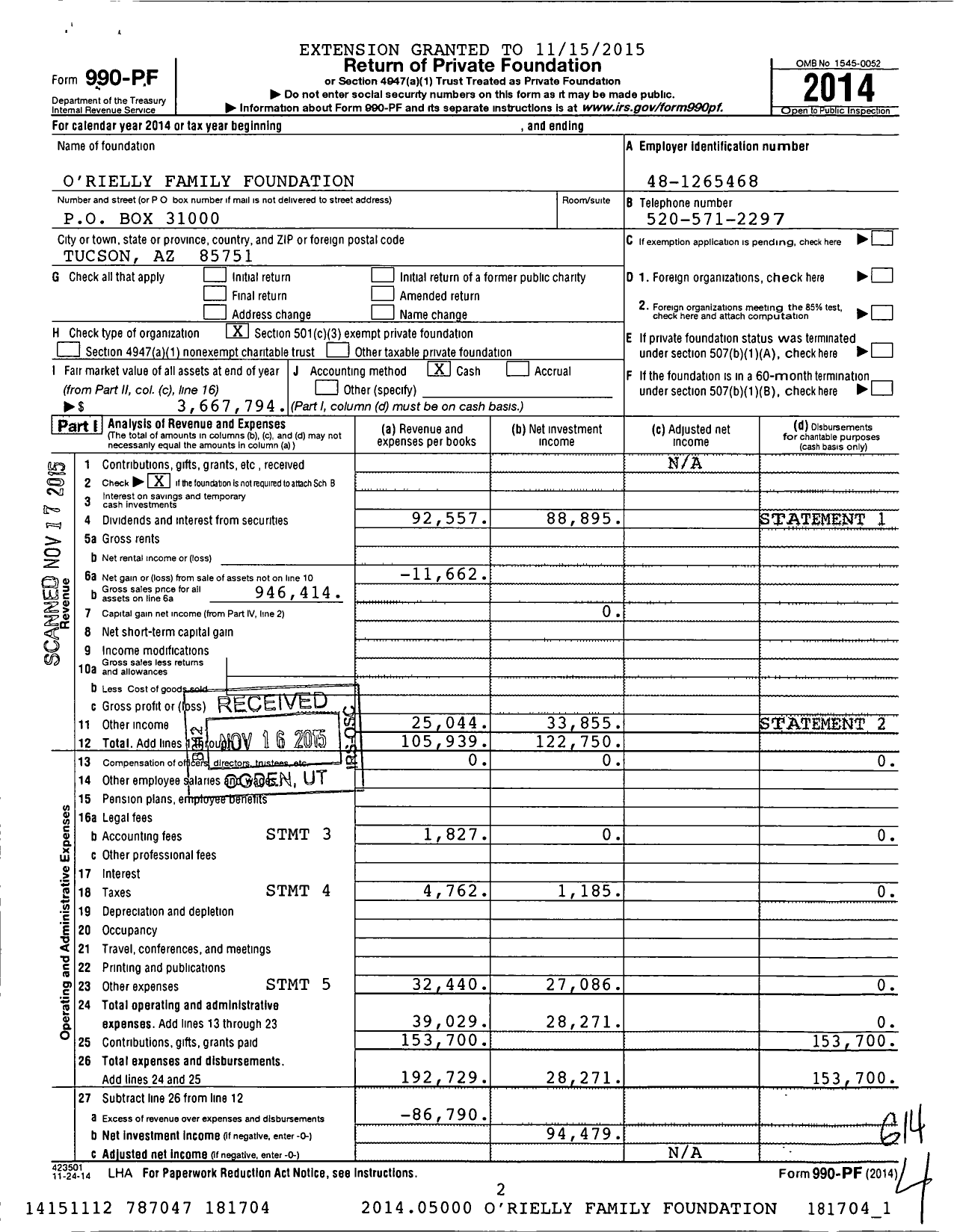 Image of first page of 2014 Form 990PF for O'Rielly Family Foundation