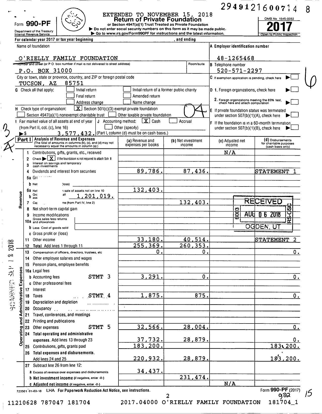 Image of first page of 2017 Form 990PF for O'Rielly Family Foundation