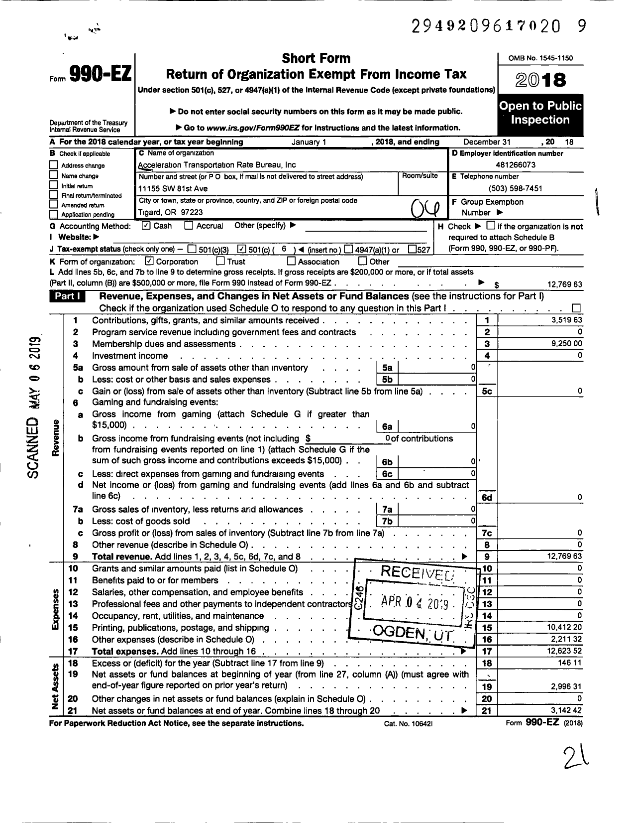 Image of first page of 2018 Form 990EO for Acceleration Transportation Rate Bureau Inc ARB