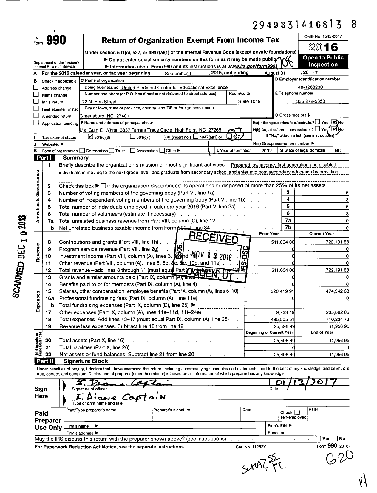 Image of first page of 2016 Form 990 for United Piedmont Center for Educational Excellence