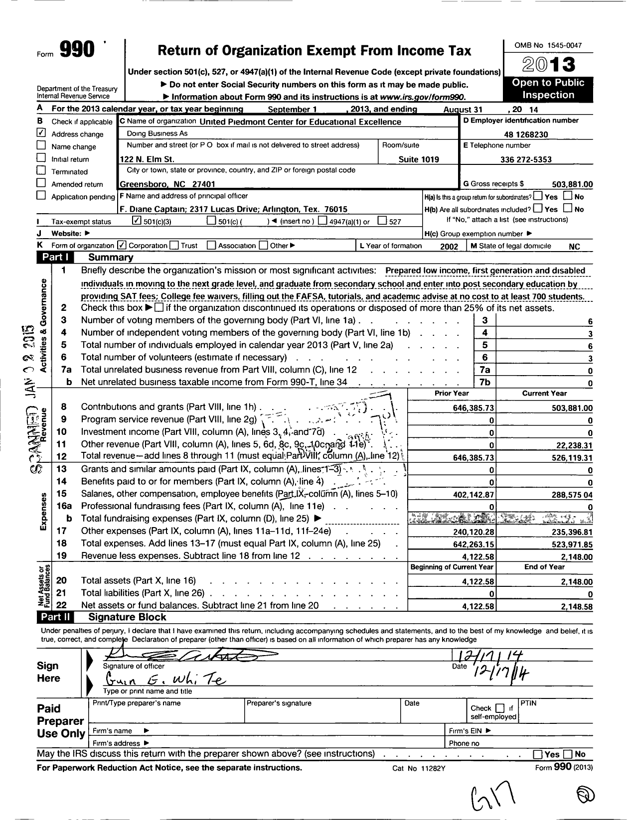 Image of first page of 2013 Form 990 for United Piedmont Center for Educational Excellence