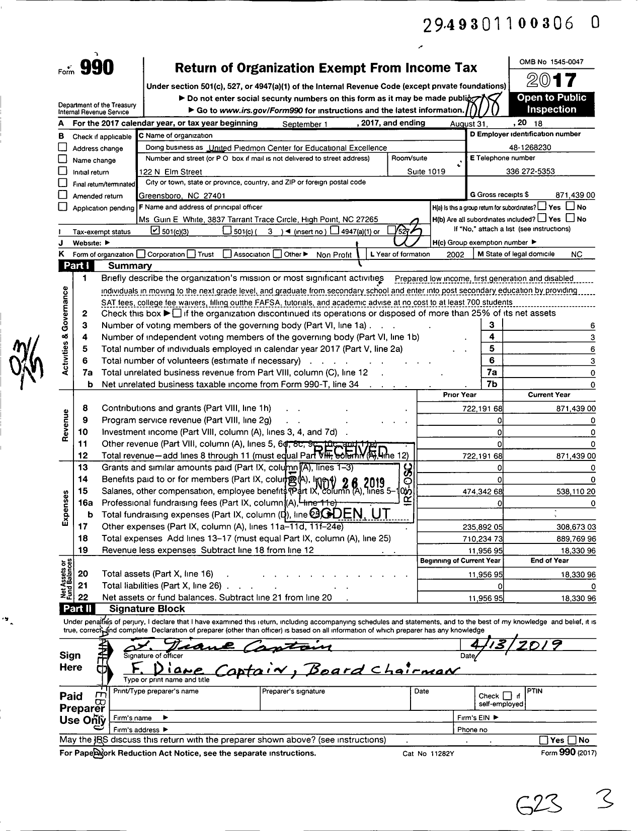 Image of first page of 2017 Form 990 for United Piedmont Center for Educational Excellence