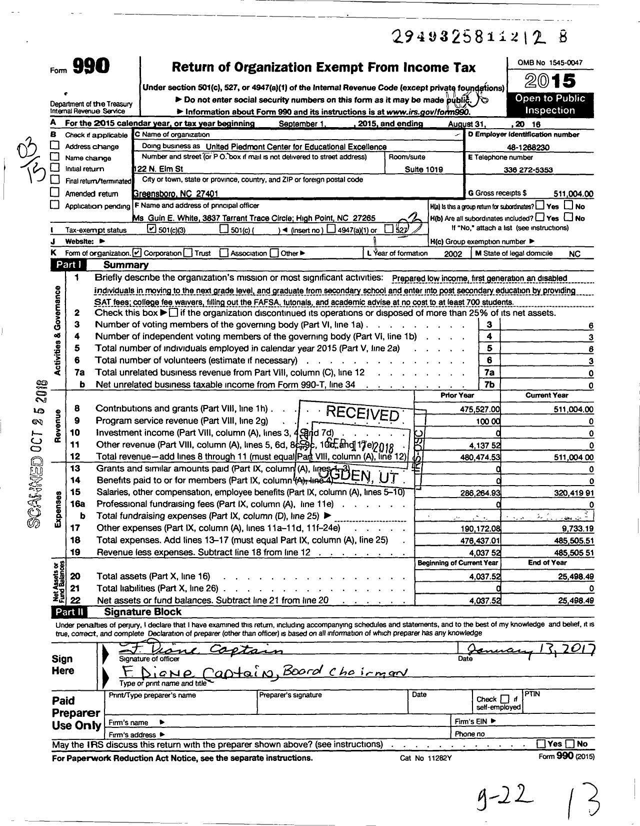 Image of first page of 2015 Form 990 for United Piedmont Center for Educational Excellence