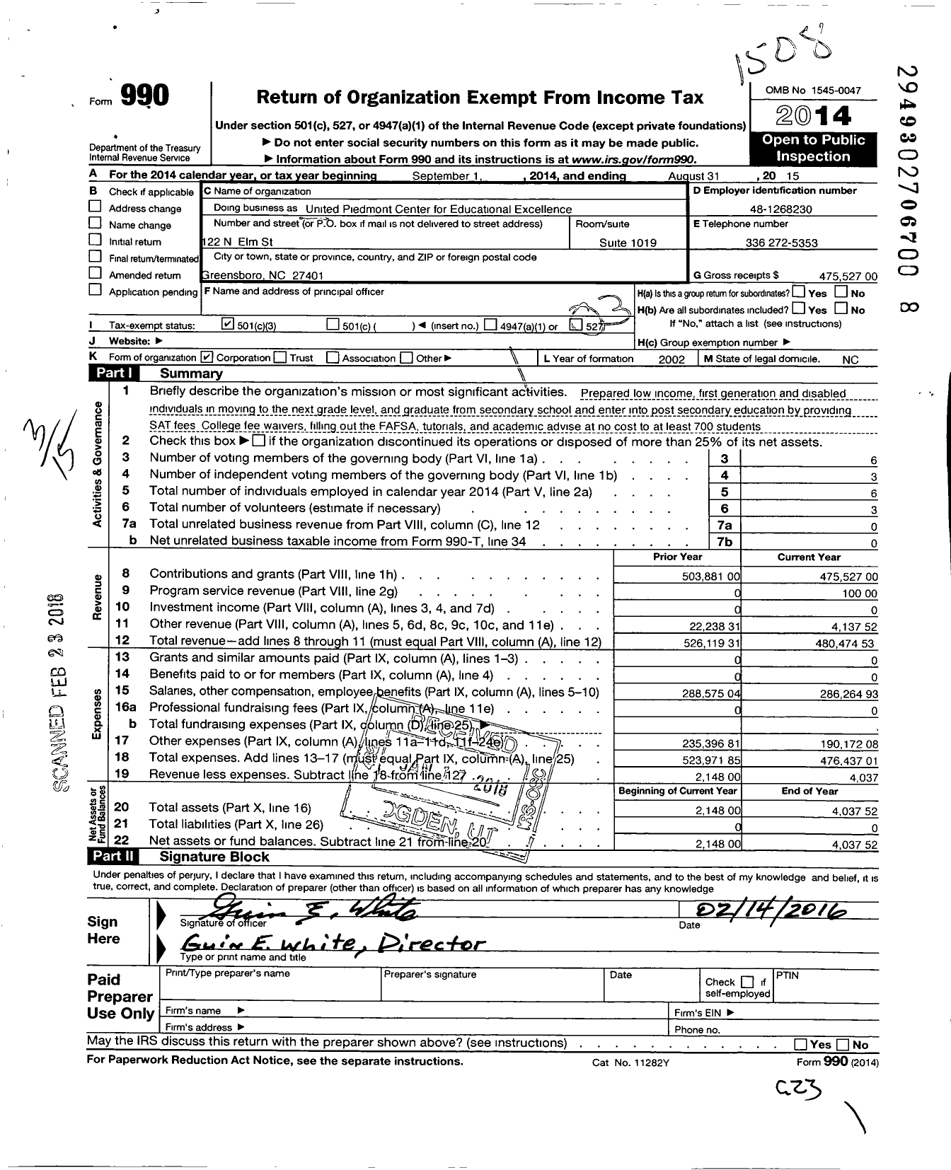 Image of first page of 2014 Form 990 for United Piedmont Center for Educational Excellence