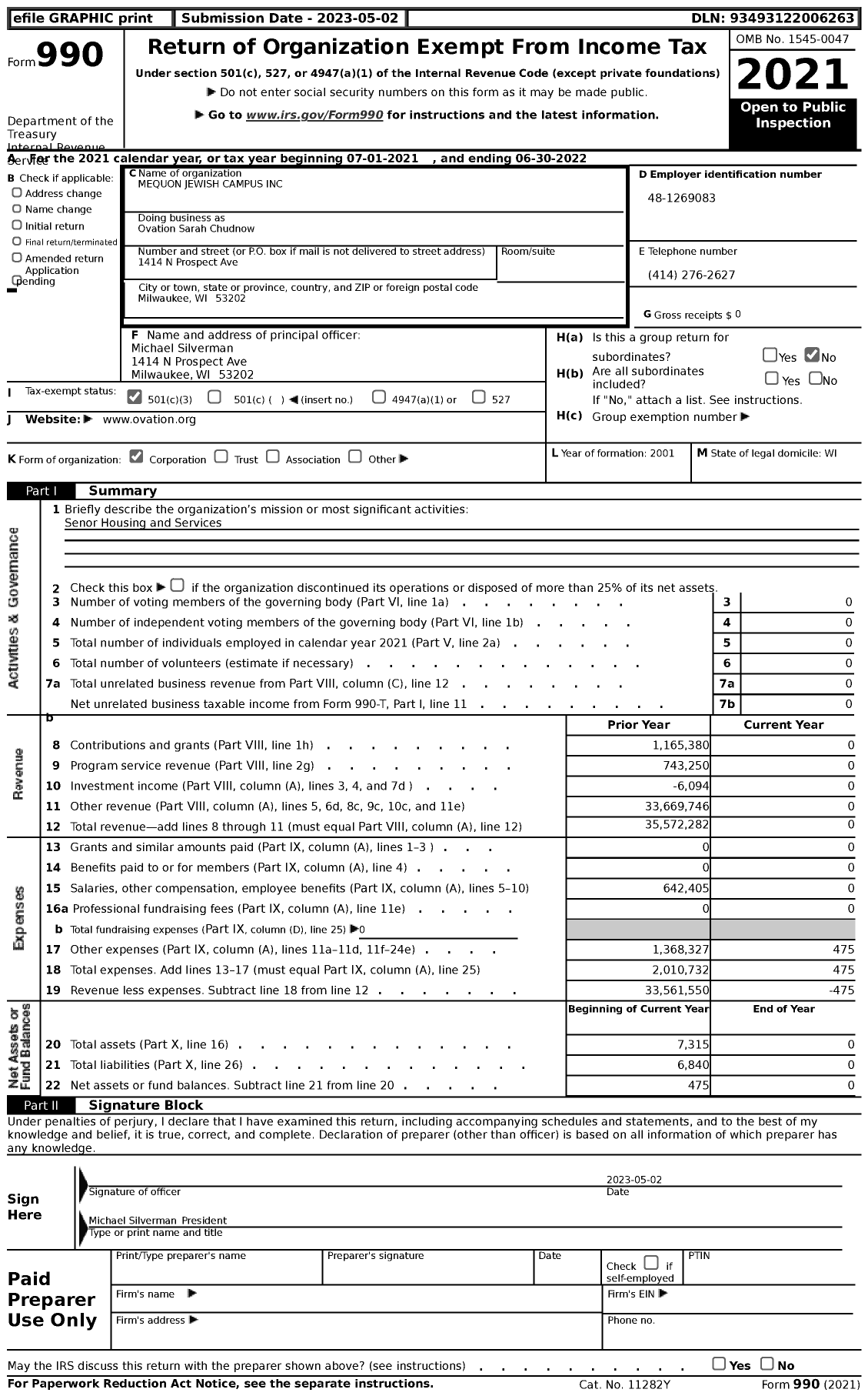 Image of first page of 2021 Form 990 for Ovation Sarah Chudnow