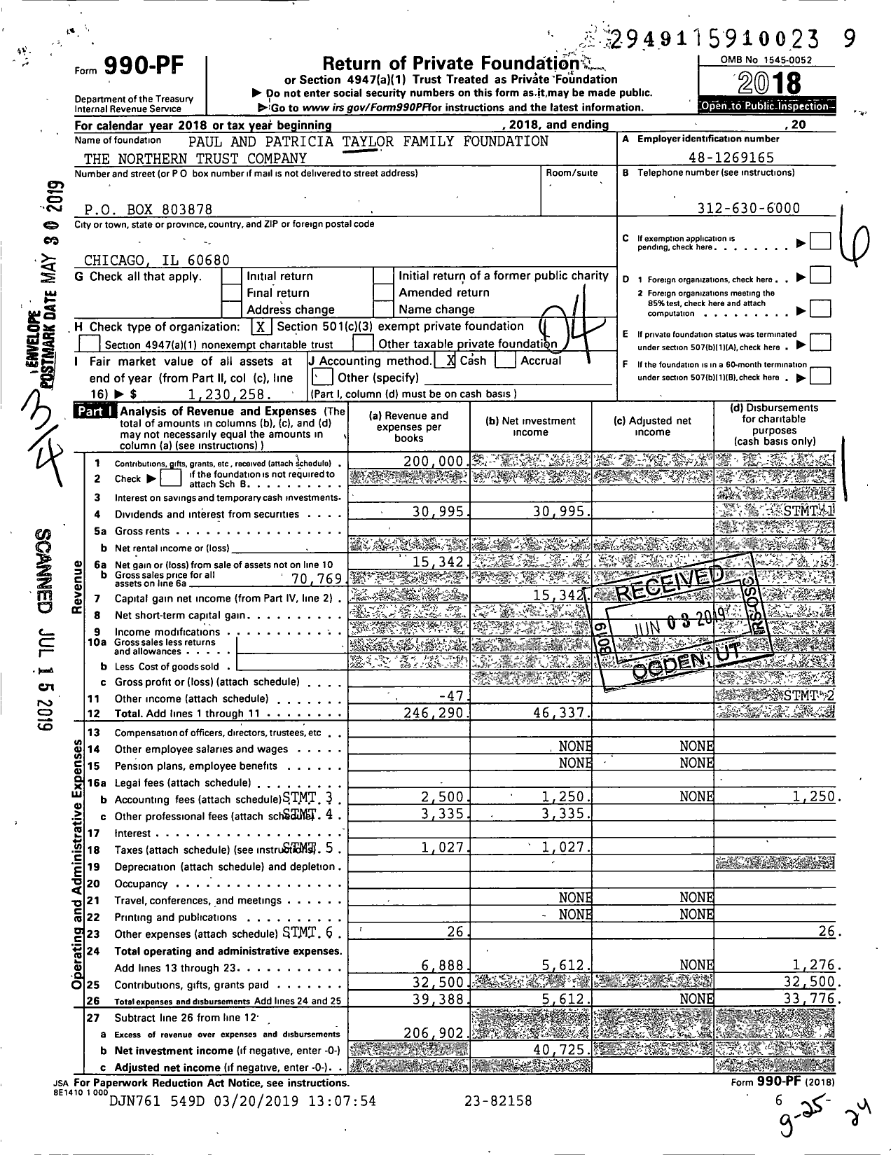 Image of first page of 2018 Form 990PF for Paul and Patricia Taylor Family Foundation