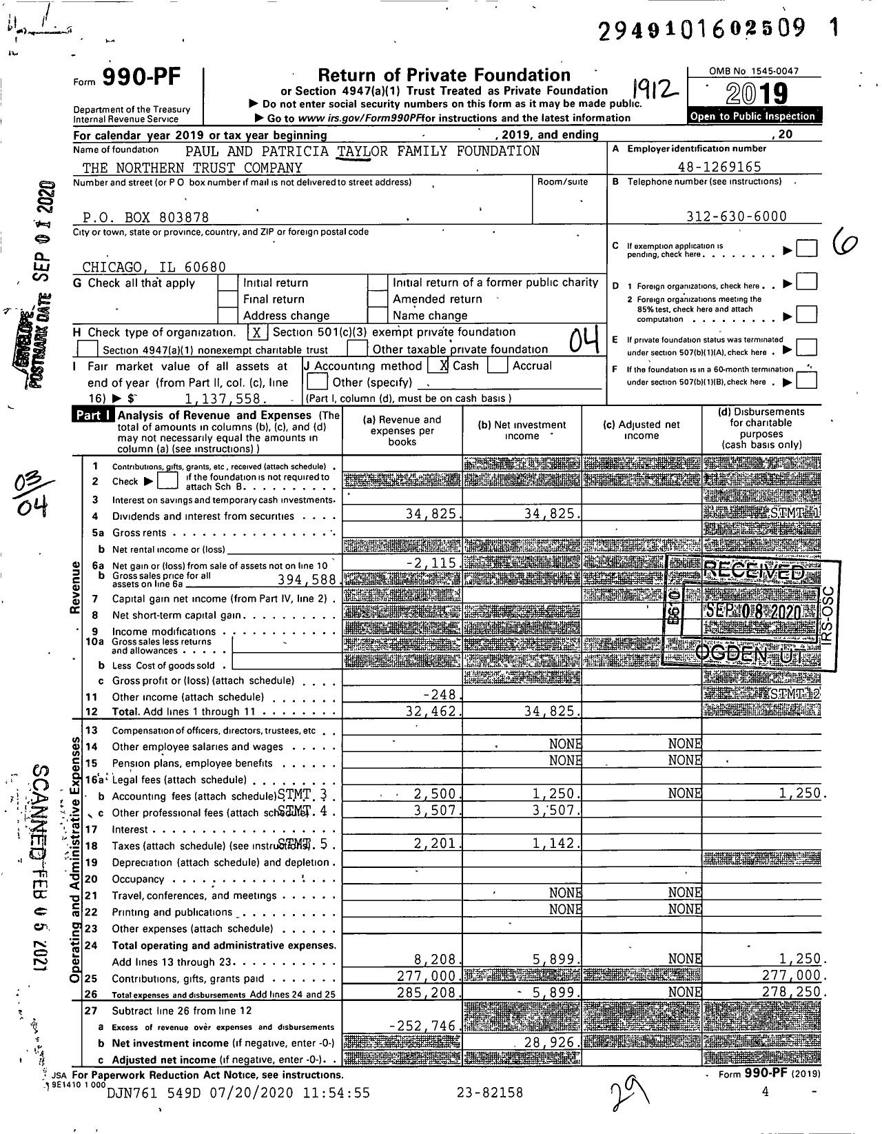 Image of first page of 2019 Form 990PF for Paul and Patricia Taylor Family Foundation