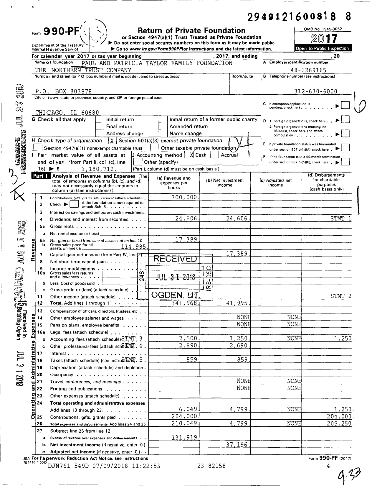 Image of first page of 2017 Form 990PF for Paul and Patricia Taylor Family Foundation