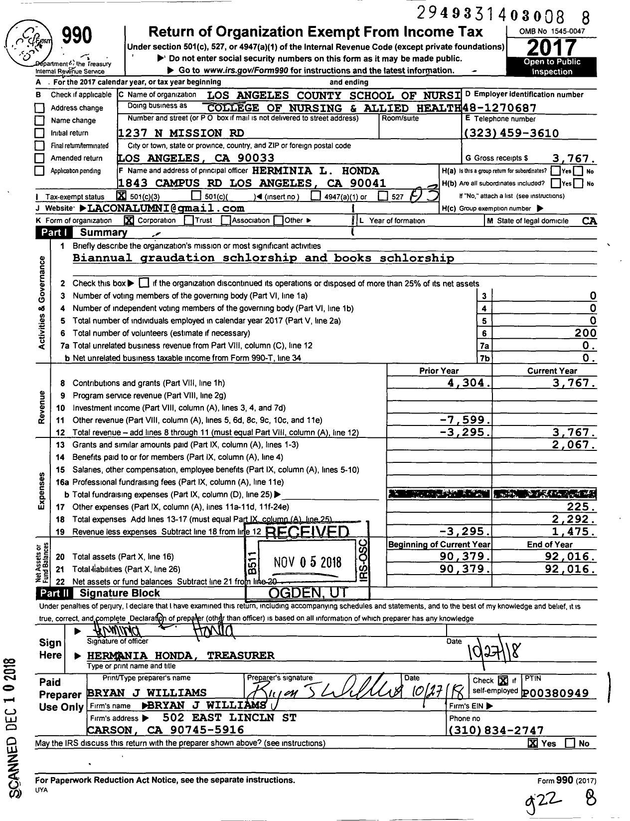 Image of first page of 2017 Form 990 for Los Angeles County School of Nursing Alumni Association