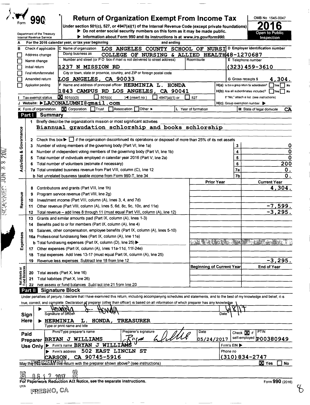 Image of first page of 2016 Form 990 for Los Angeles County School of Nursing Alumni Association