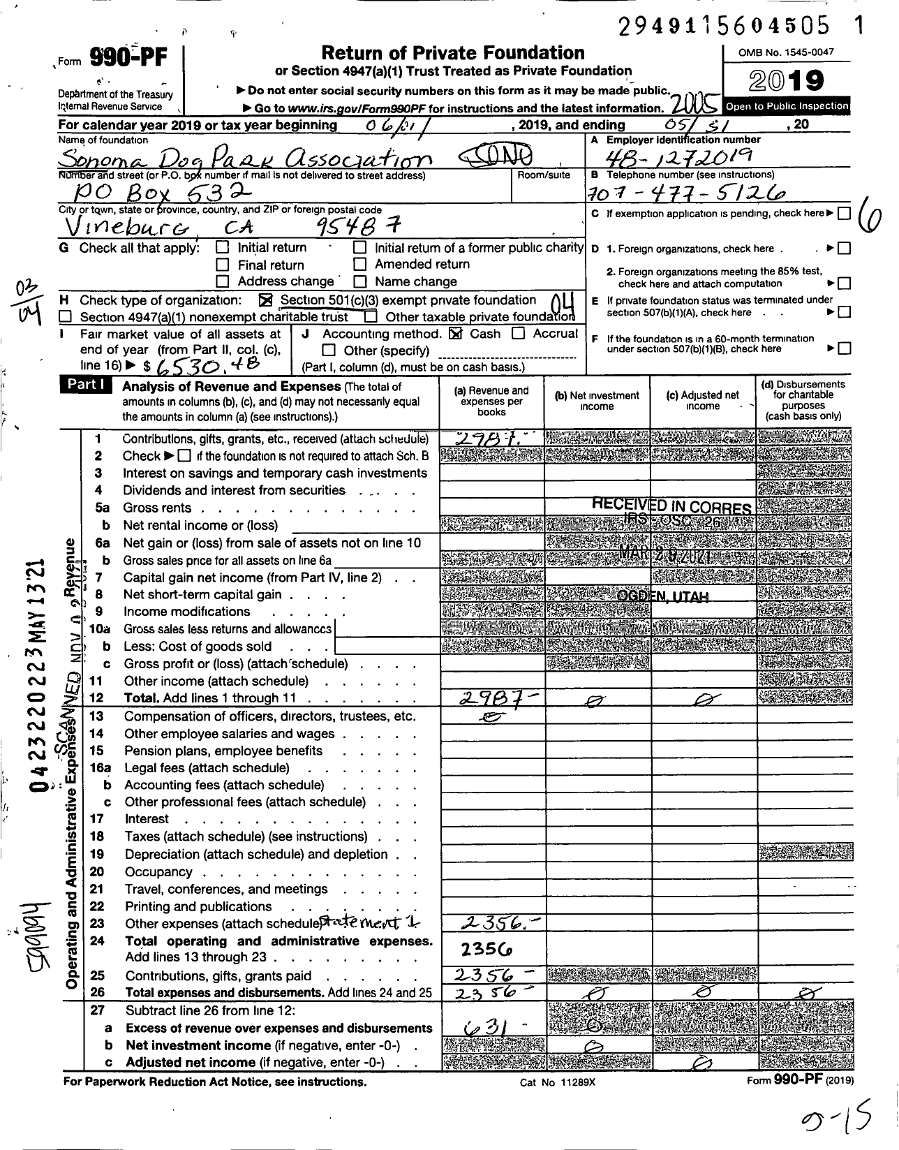 Image of first page of 2019 Form 990PF for Sonoma Dog Park Association