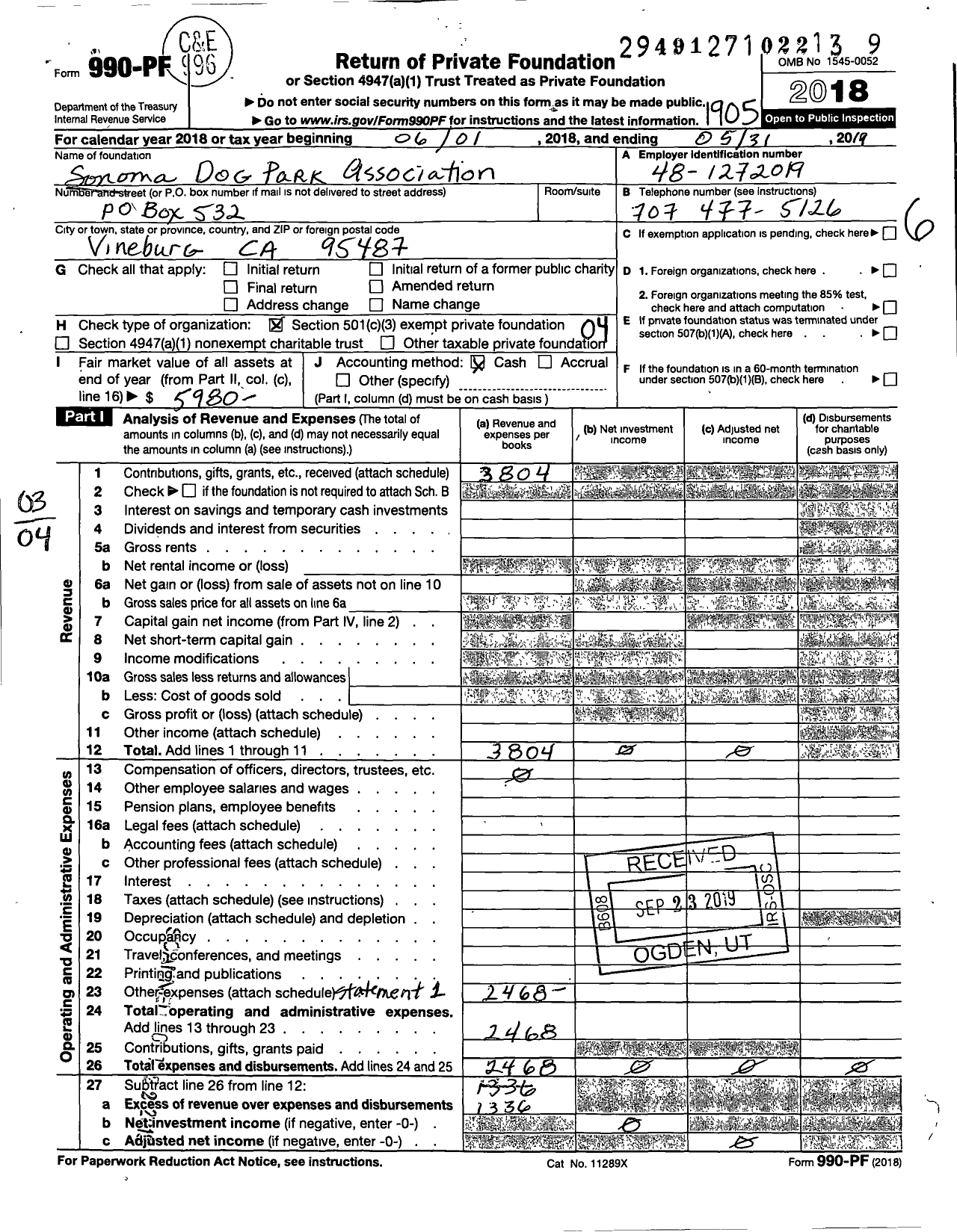 Image of first page of 2018 Form 990PF for Sonoma Dog Park Association