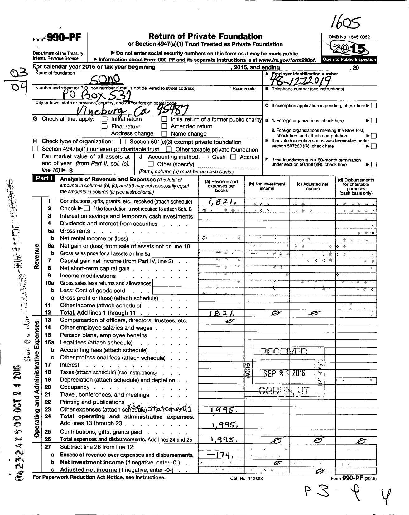 Image of first page of 2015 Form 990PF for Sonoma Dog Park Association