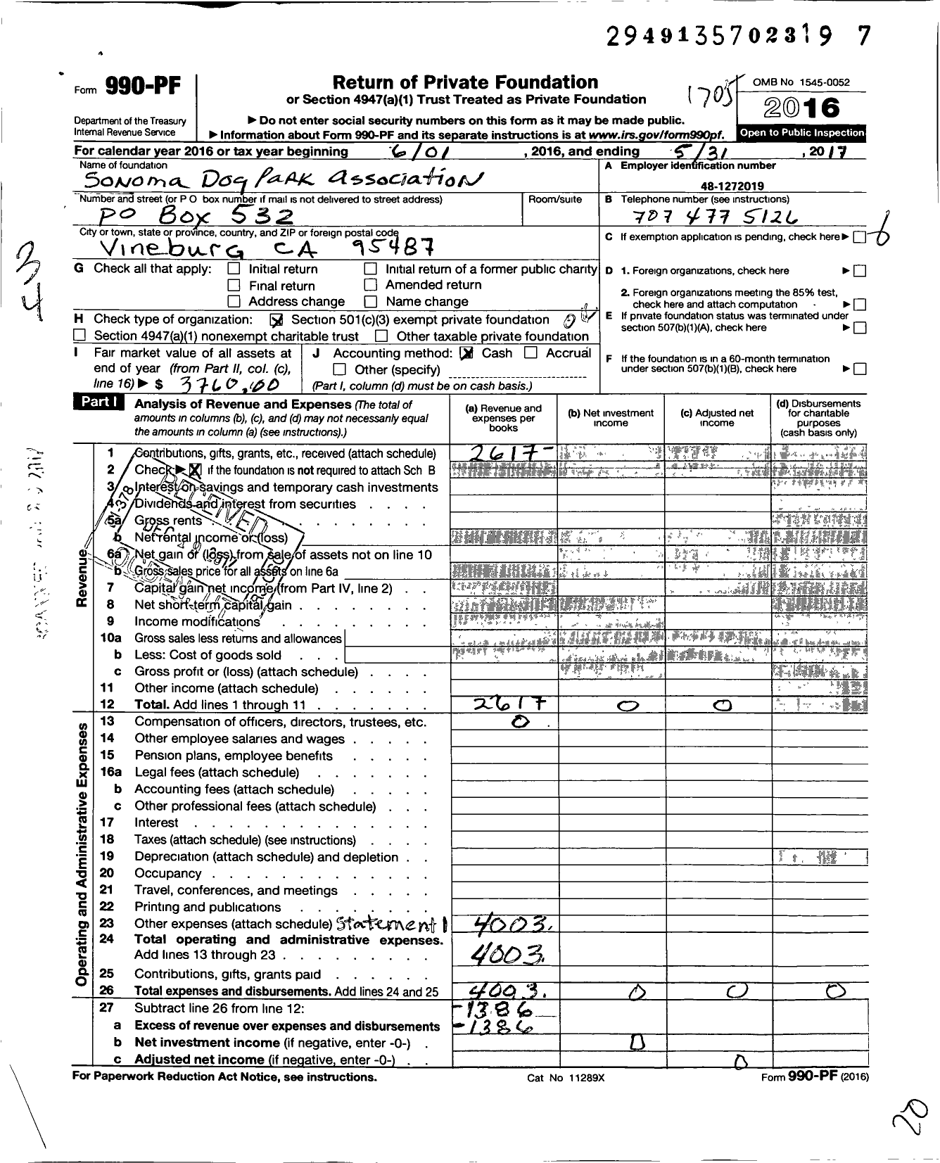 Image of first page of 2016 Form 990PF for Sonoma Dog Park Association