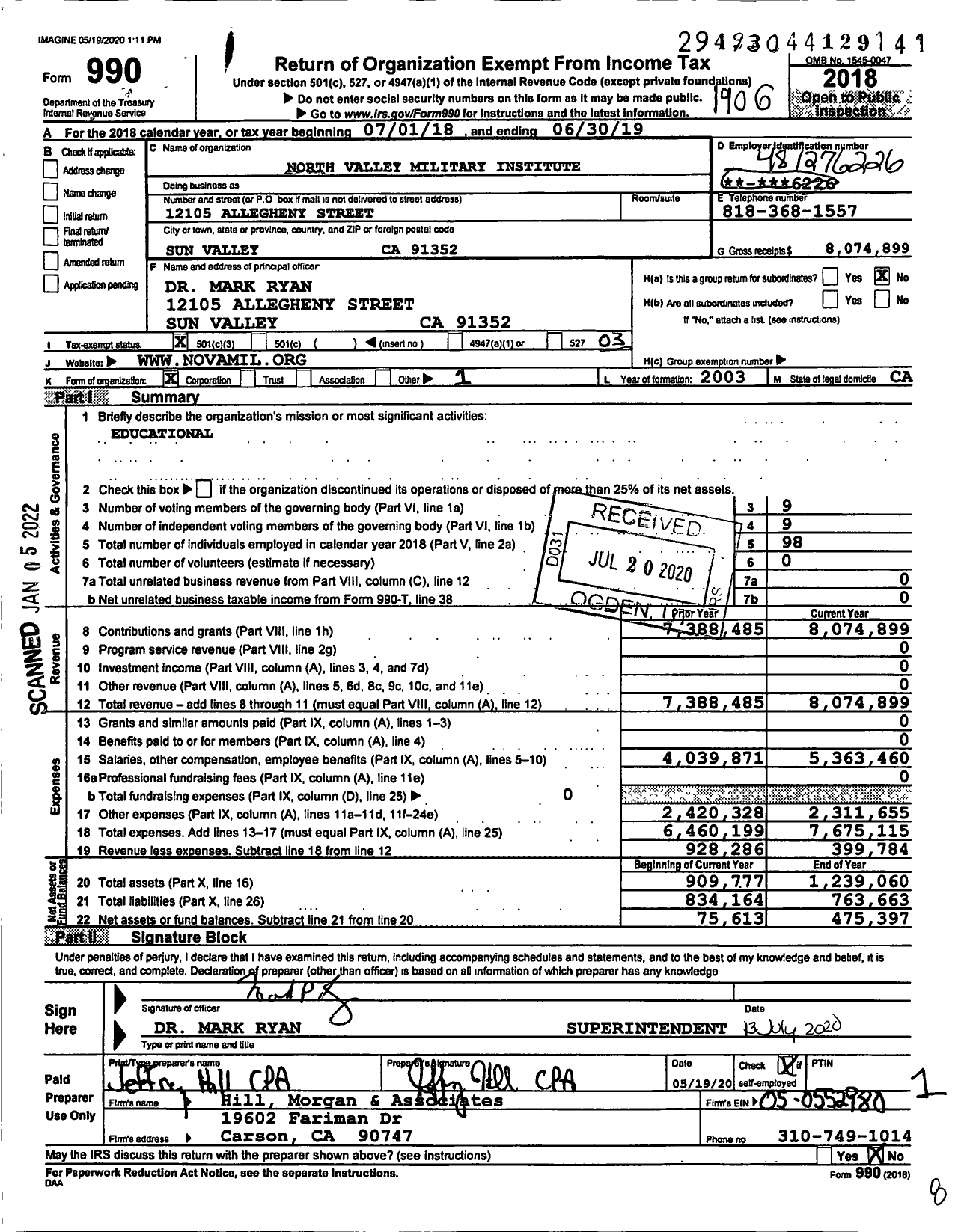 Image of first page of 2018 Form 990 for North Valley Military Institute College Preparatory Academy (NCMI)