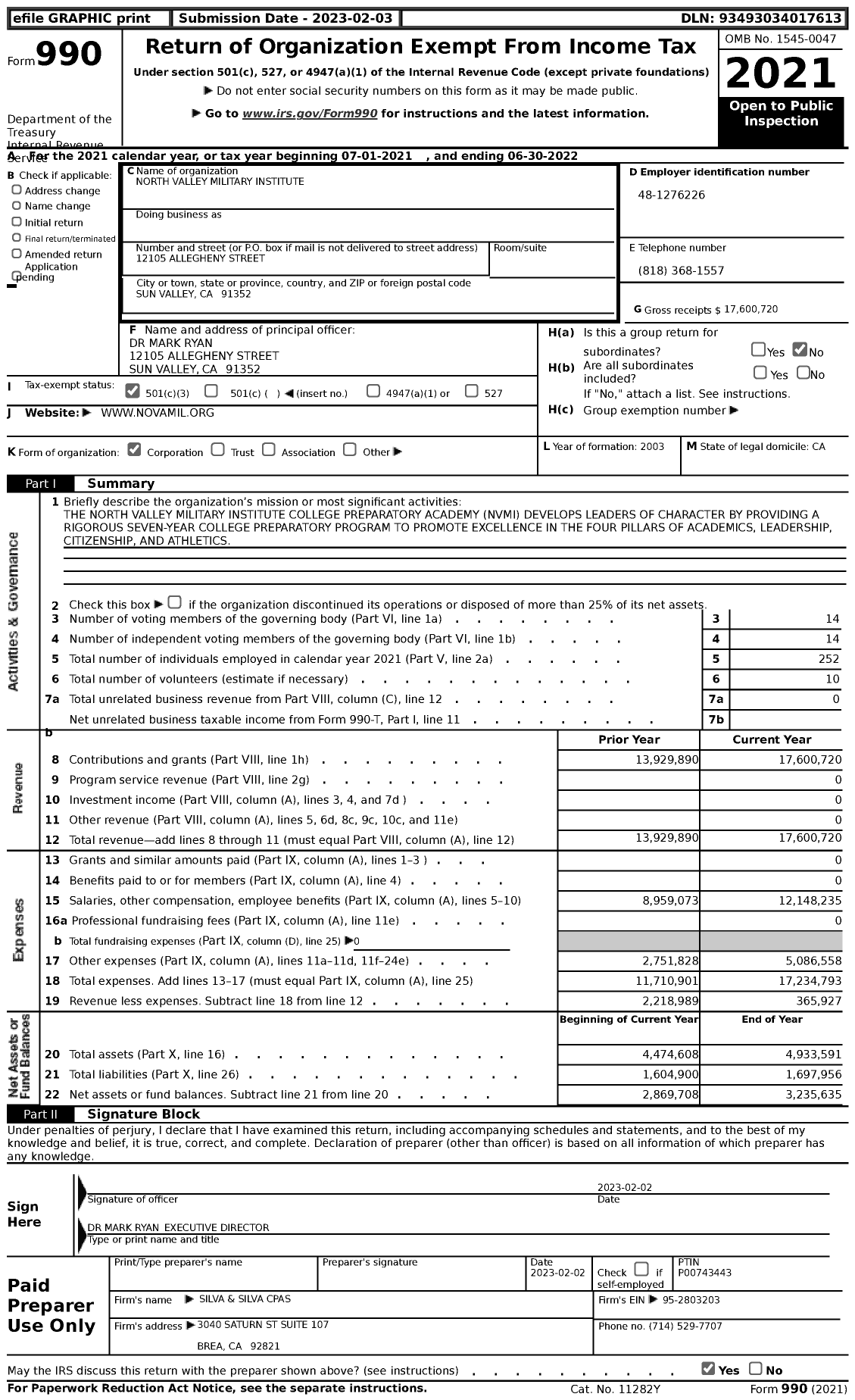 Image of first page of 2021 Form 990 for North Valley Military Institute College Preparatory Academy (NCMI)