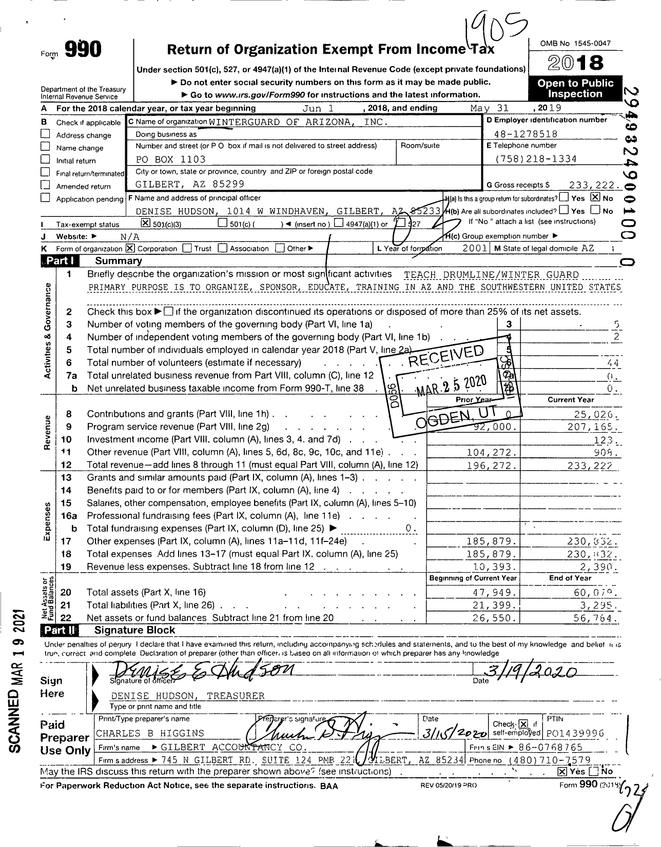 Image of first page of 2018 Form 990 for Winterguard Arizona Incorporated