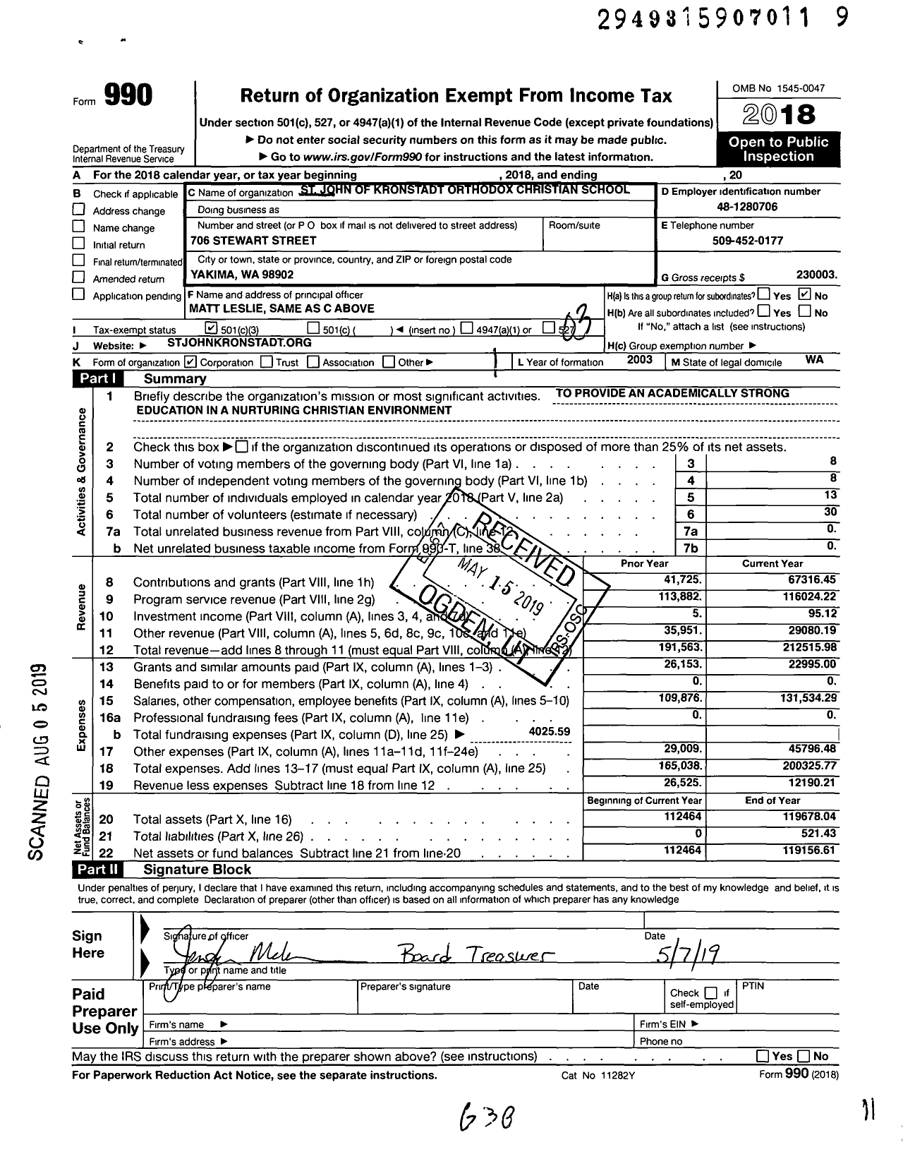 Image of first page of 2018 Form 990 for Saint John of Kronstadt Orthodox Christian School