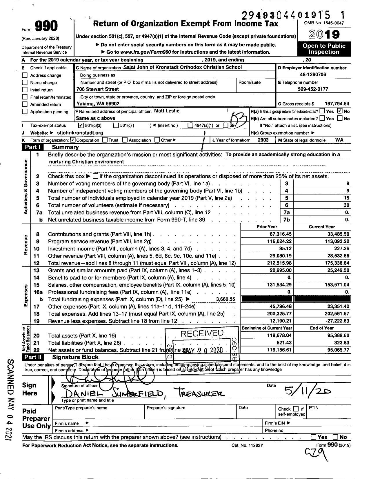 Image of first page of 2019 Form 990 for Saint John of Kronstadt Orthodox Christian School