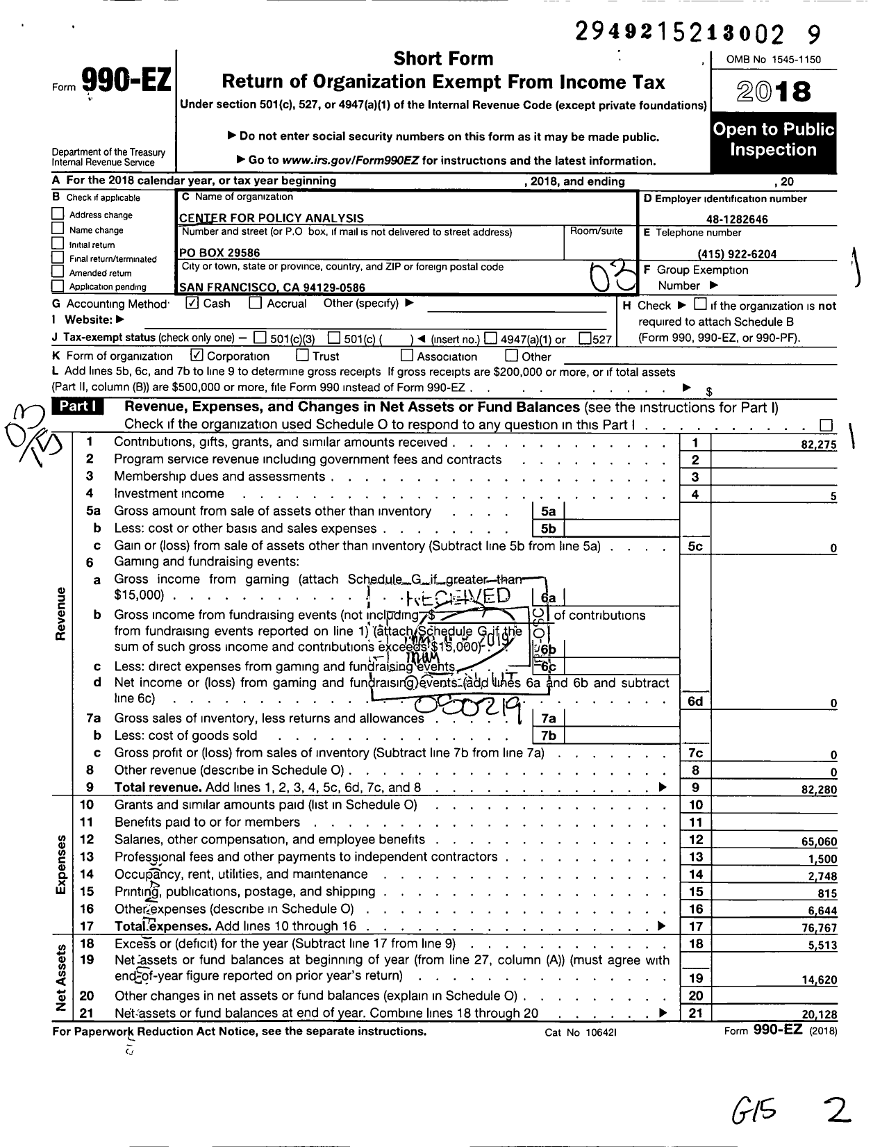 Image of first page of 2018 Form 990EZ for Center for Policy Analysis