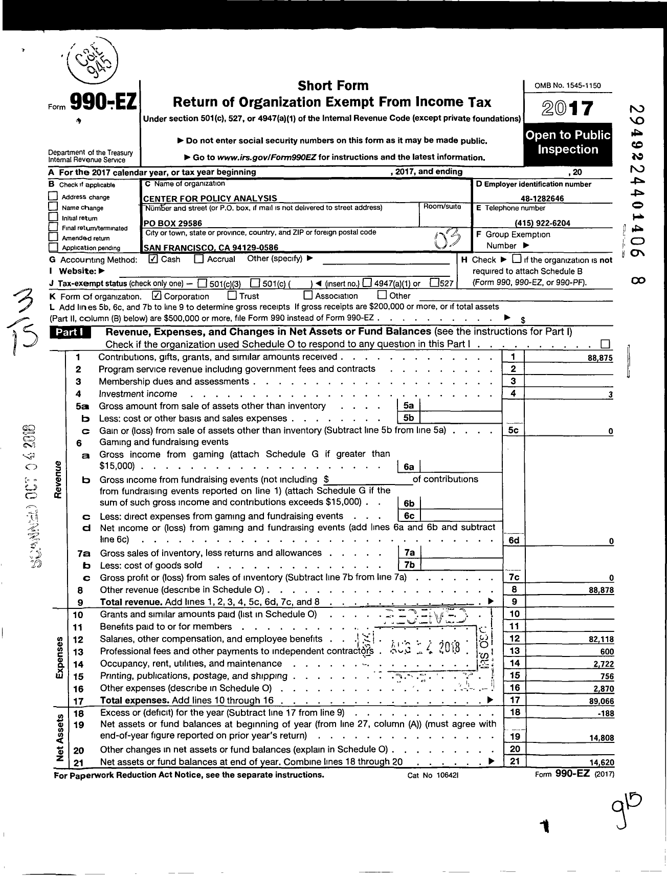 Image of first page of 2017 Form 990EZ for Center for Policy Analysis