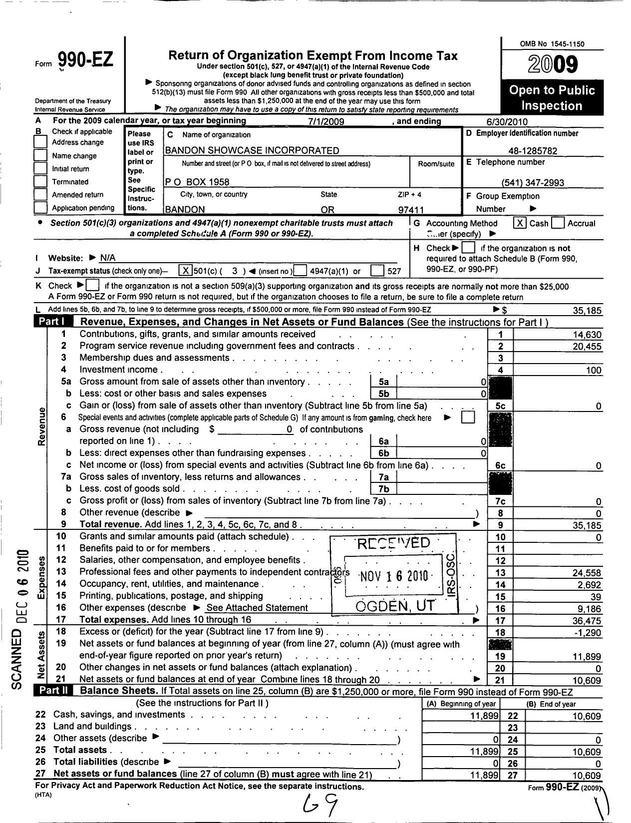 Image of first page of 2009 Form 990EZ for Bandon Showcase Incorporated