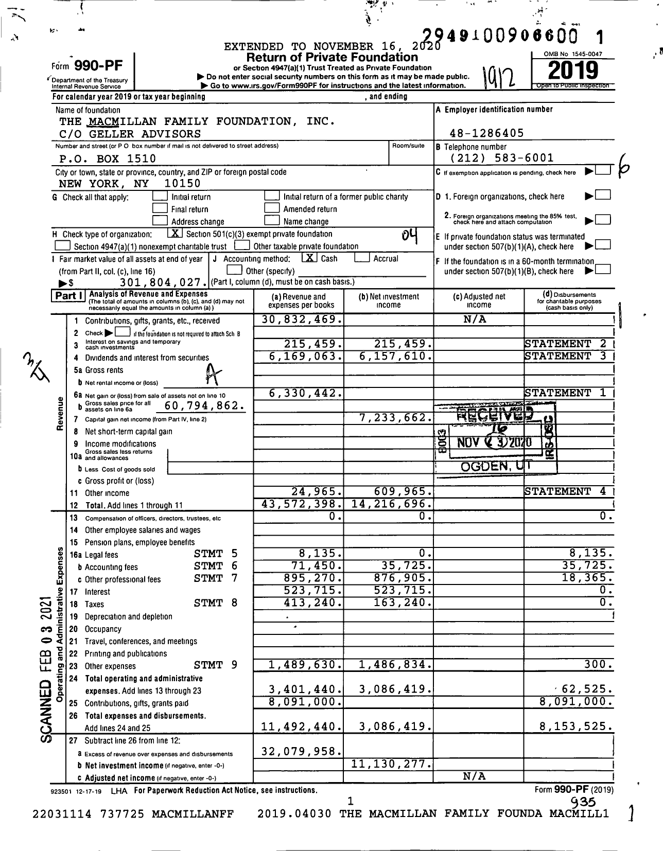 Image of first page of 2019 Form 990PF for Macmillan Family Foundation