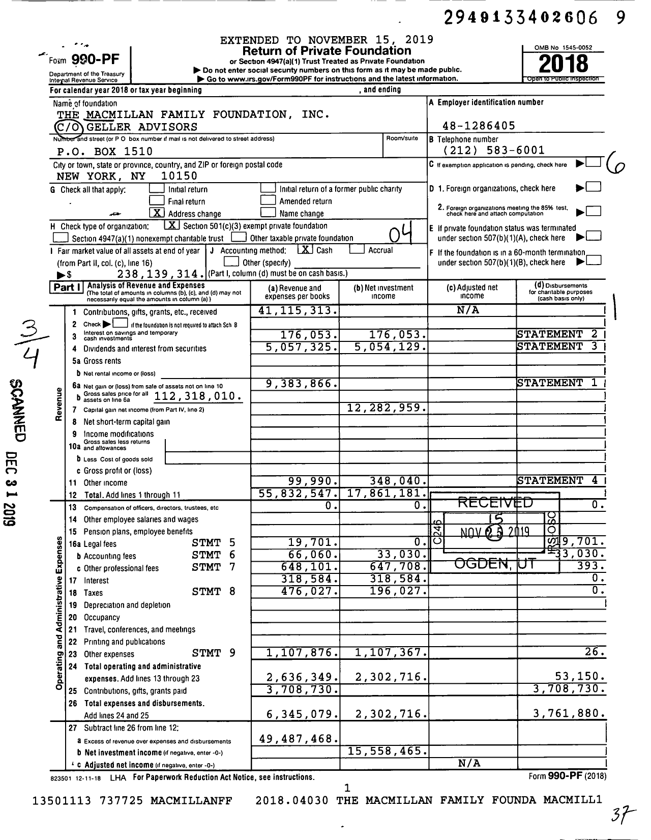 Image of first page of 2018 Form 990PF for Macmillan Family Foundation