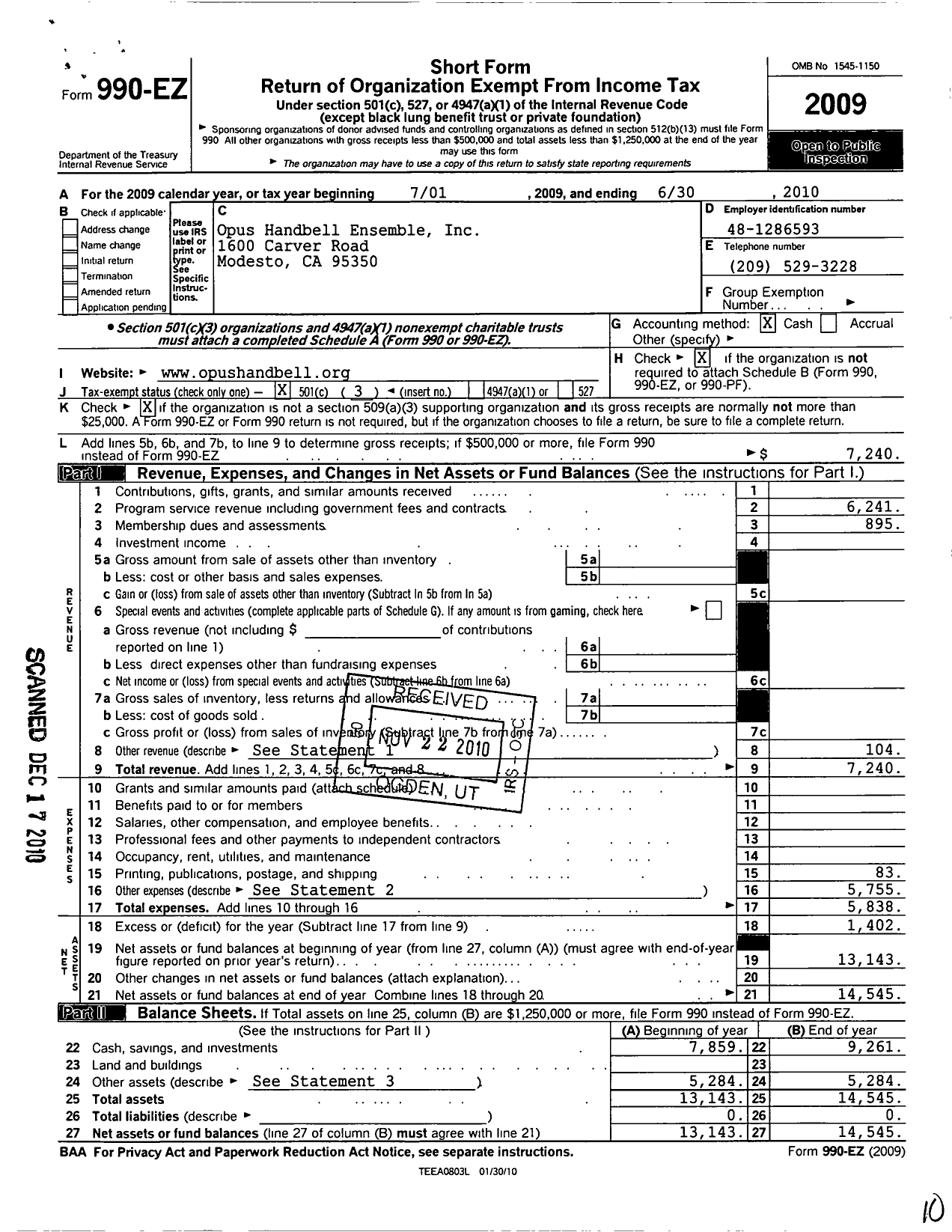 Image of first page of 2009 Form 990EZ for Opus Handbell Ensemble