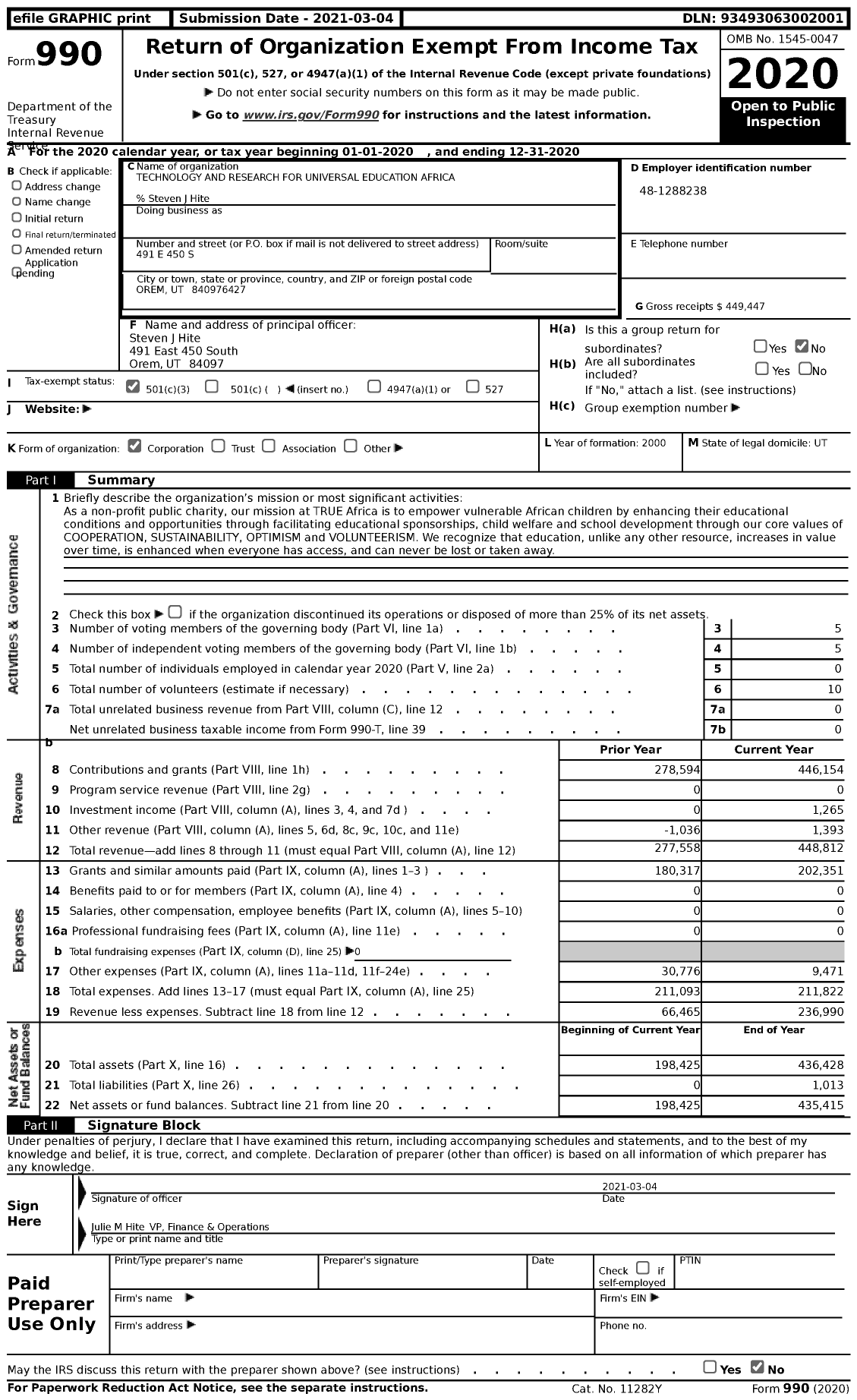 Image of first page of 2020 Form 990 for Technology and Research for Universal Education