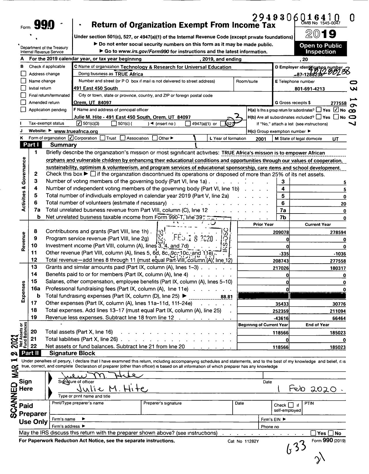 Image of first page of 2019 Form 990 for Technology and Research for Universal Education