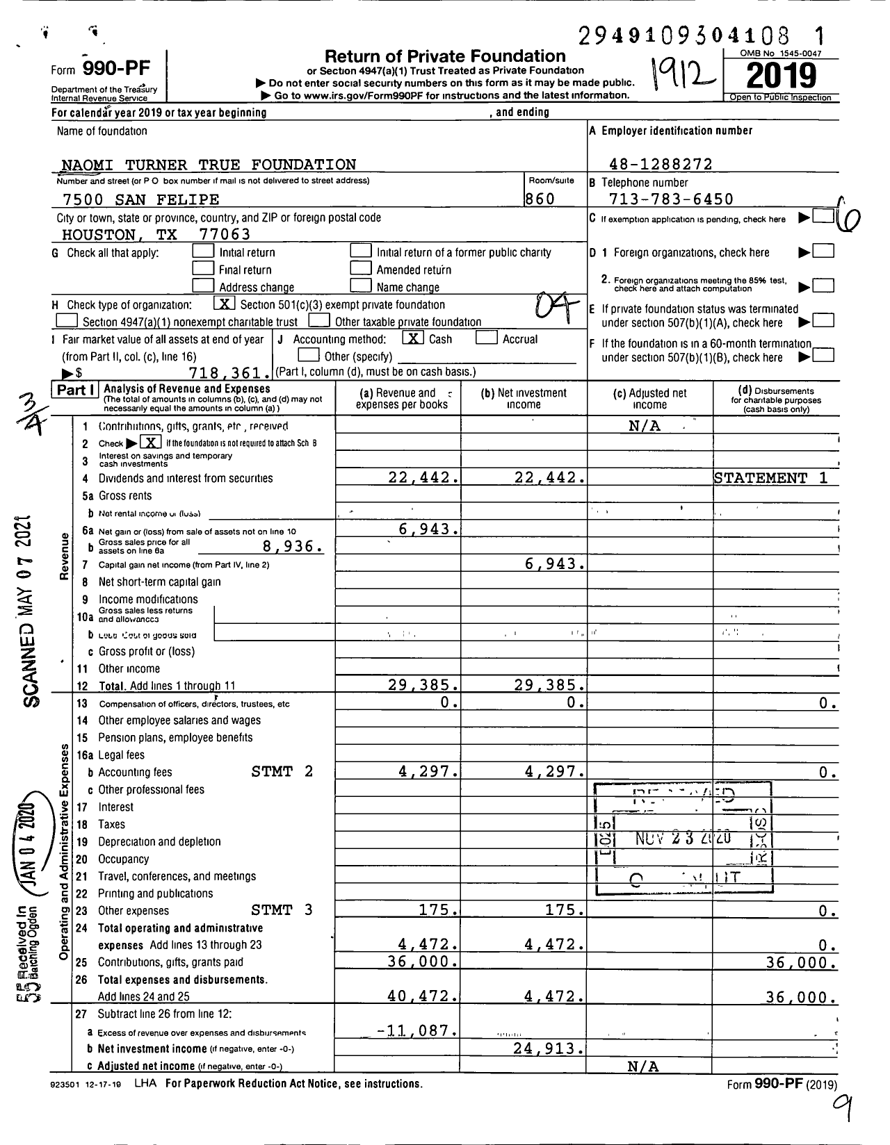 Image of first page of 2019 Form 990PF for Naomi Turner True Foundation