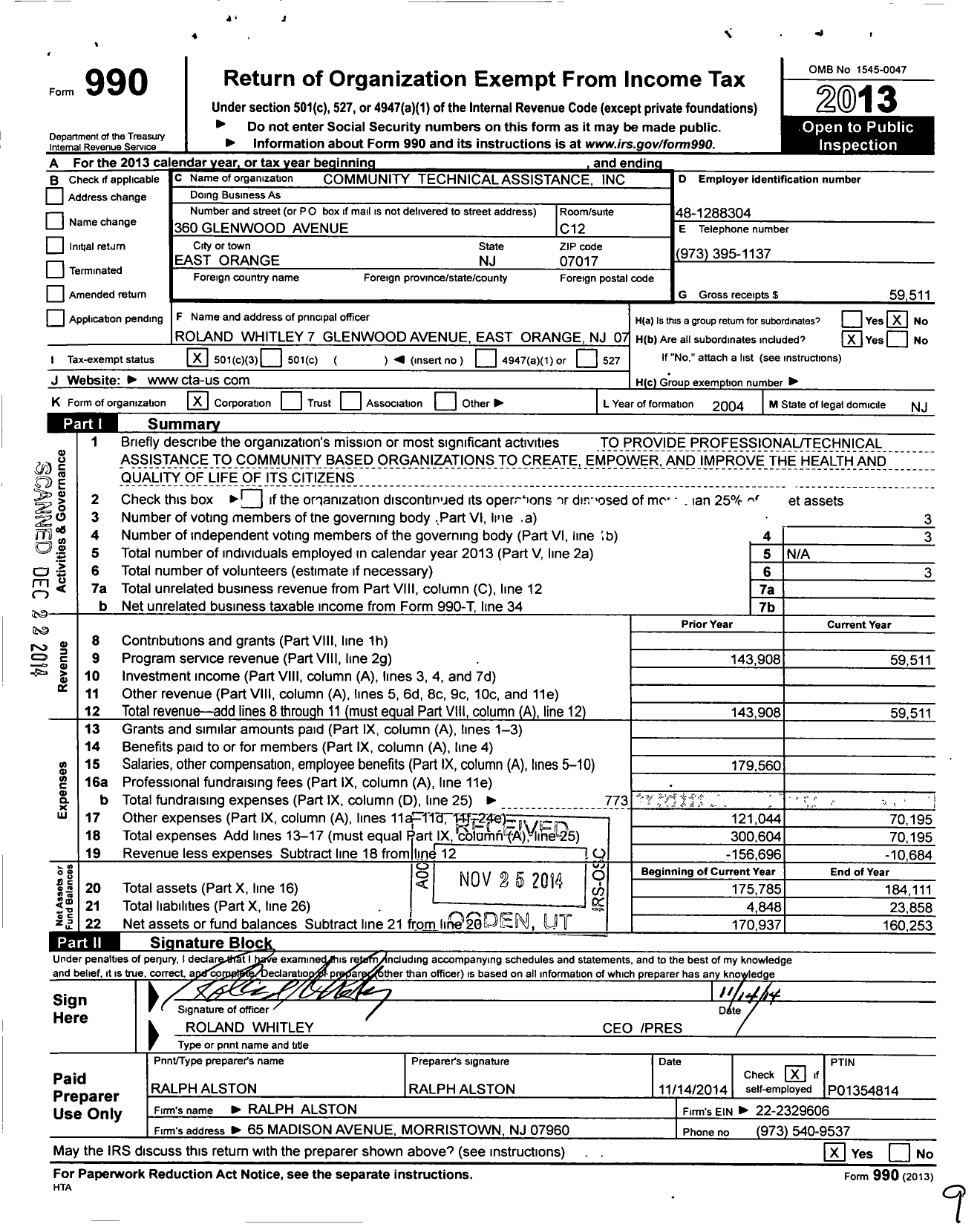 Image of first page of 2013 Form 990 for Community Technical Assitance
