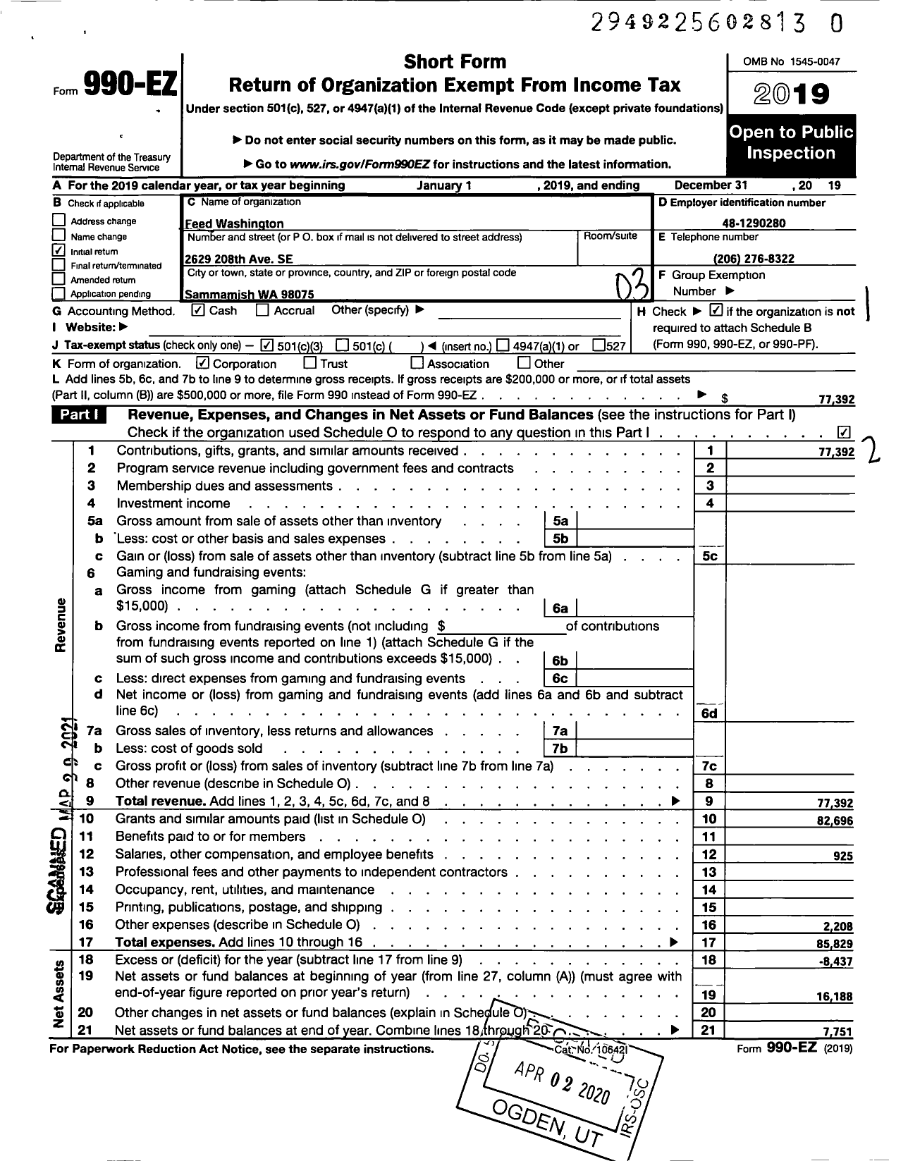 Image of first page of 2019 Form 990EZ for Feed Washington