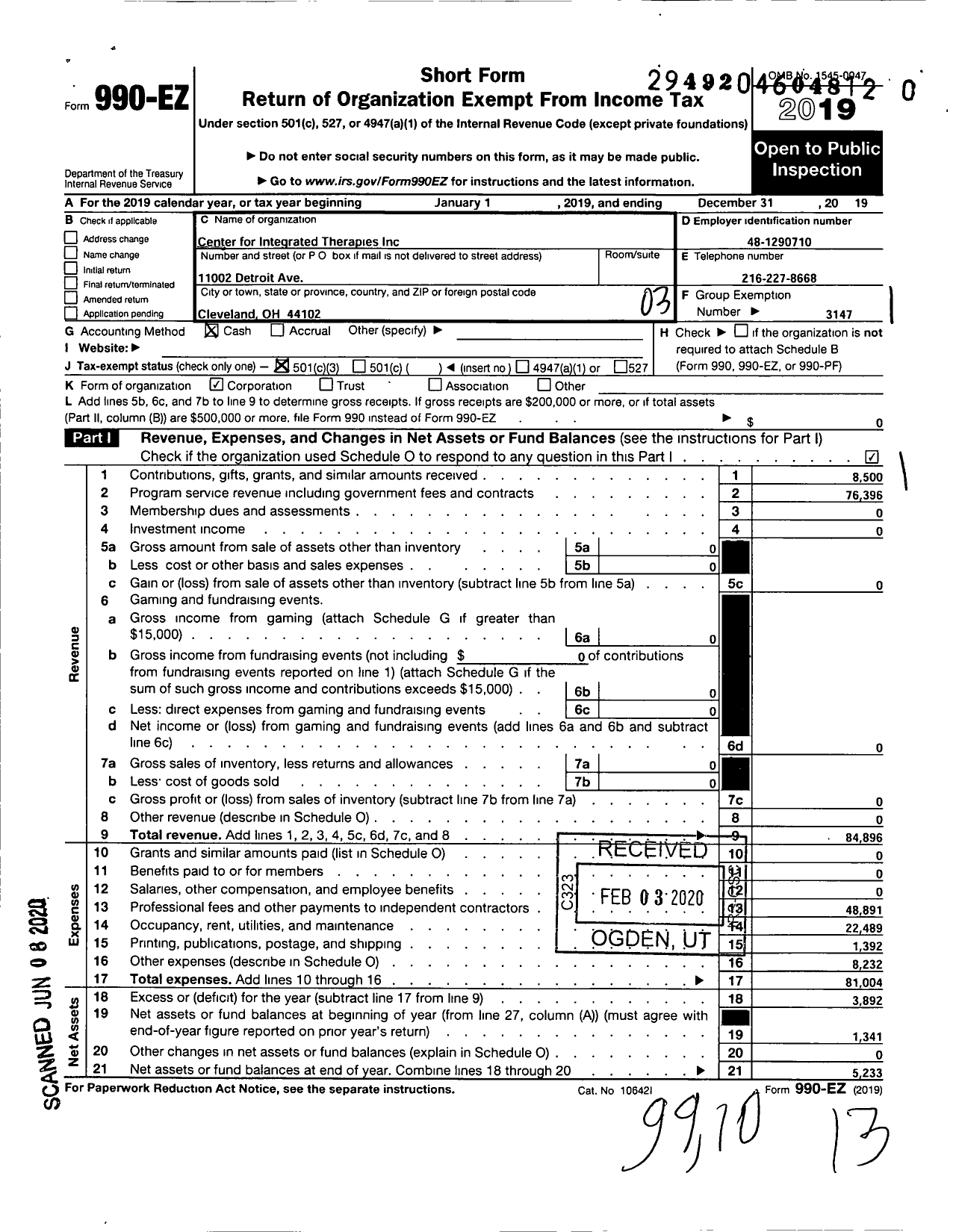 Image of first page of 2019 Form 990EZ for Center for Integrative Therapies