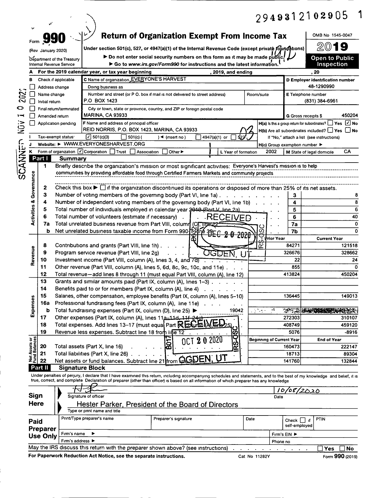 Image of first page of 2019 Form 990 for Everyones Harvest