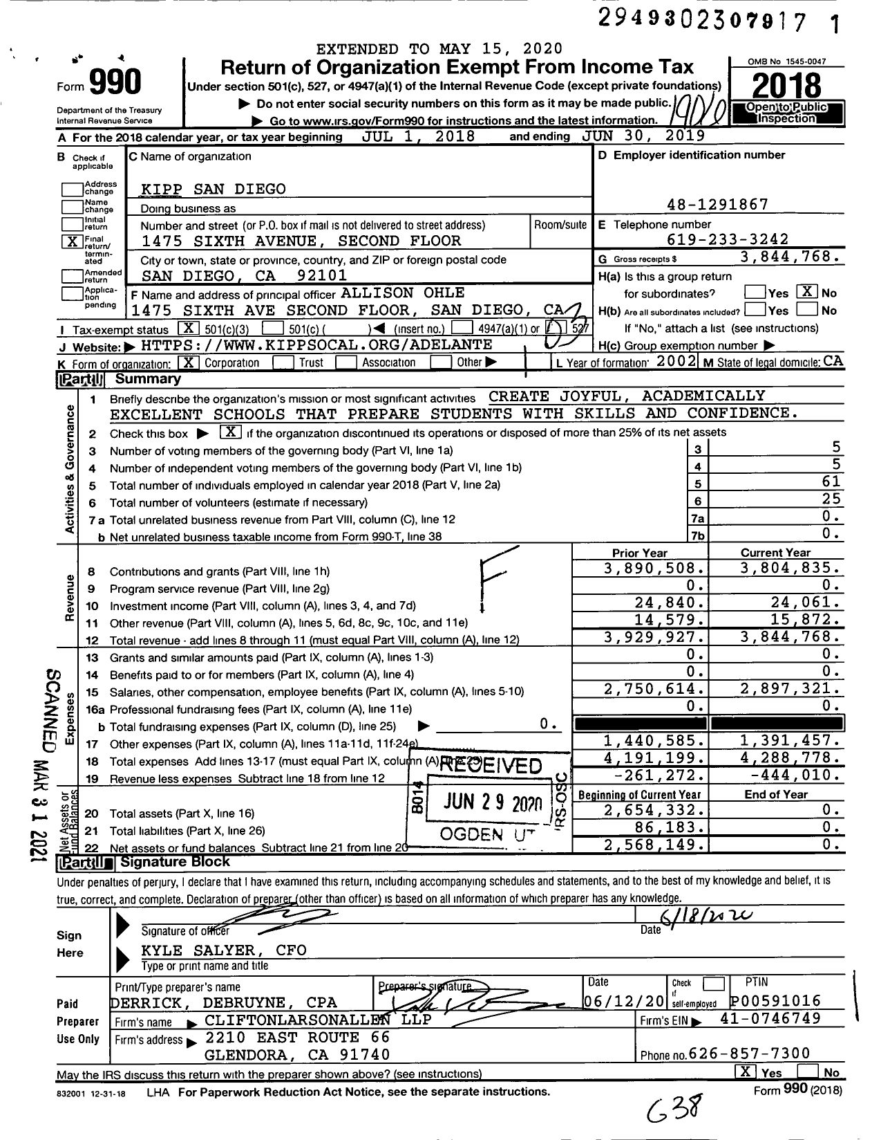 Image of first page of 2018 Form 990 for Kipp San Diego