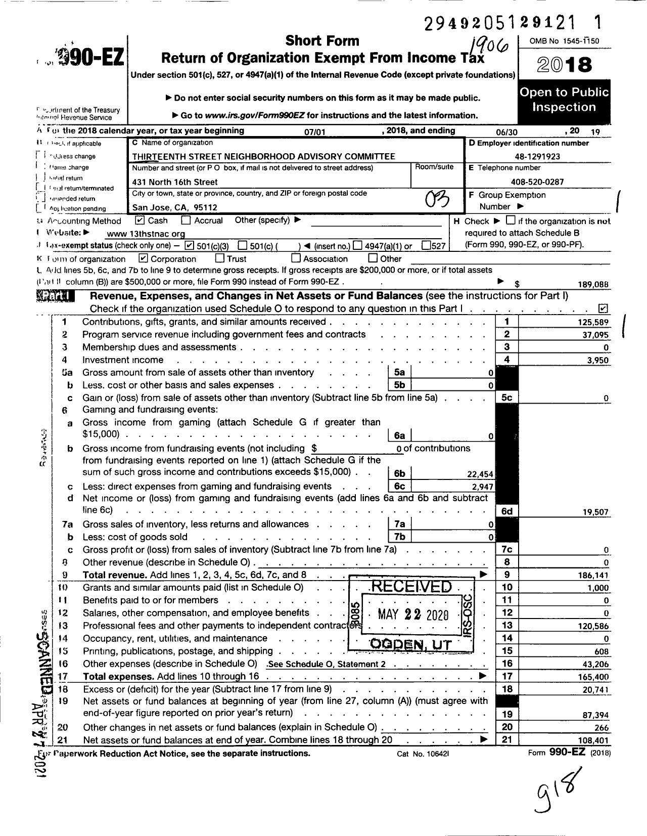 Image of first page of 2018 Form 990EZ for Thirteenth Street Neighborhood Advisory Committee