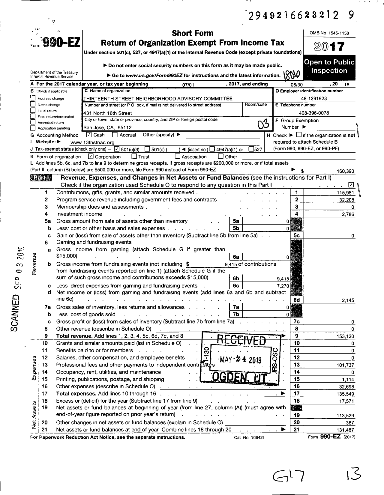 Image of first page of 2017 Form 990EZ for Thirteenth Street Neighborhood Advisory Committee