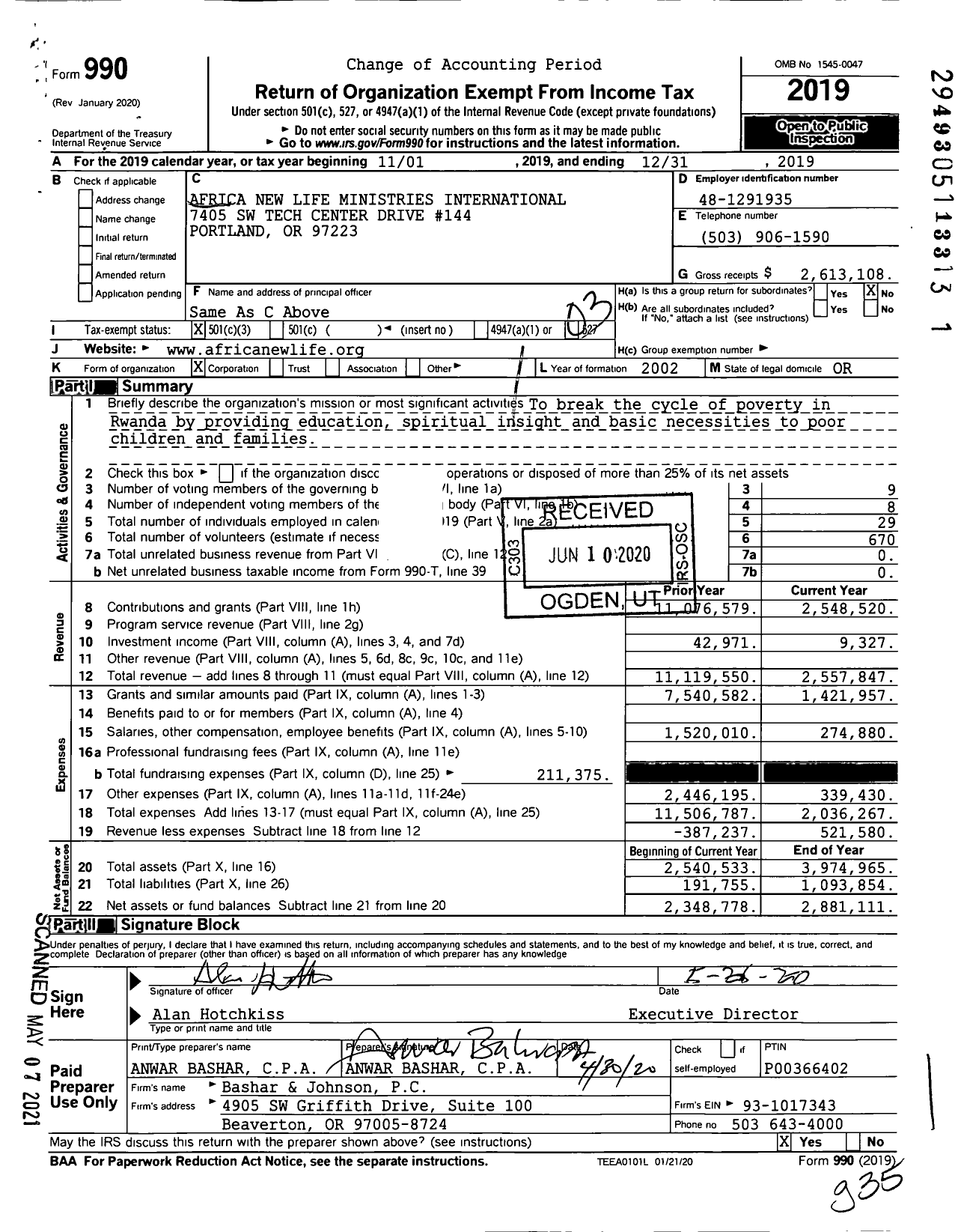 Image of first page of 2019 Form 990 for Africa New Life Ministries International