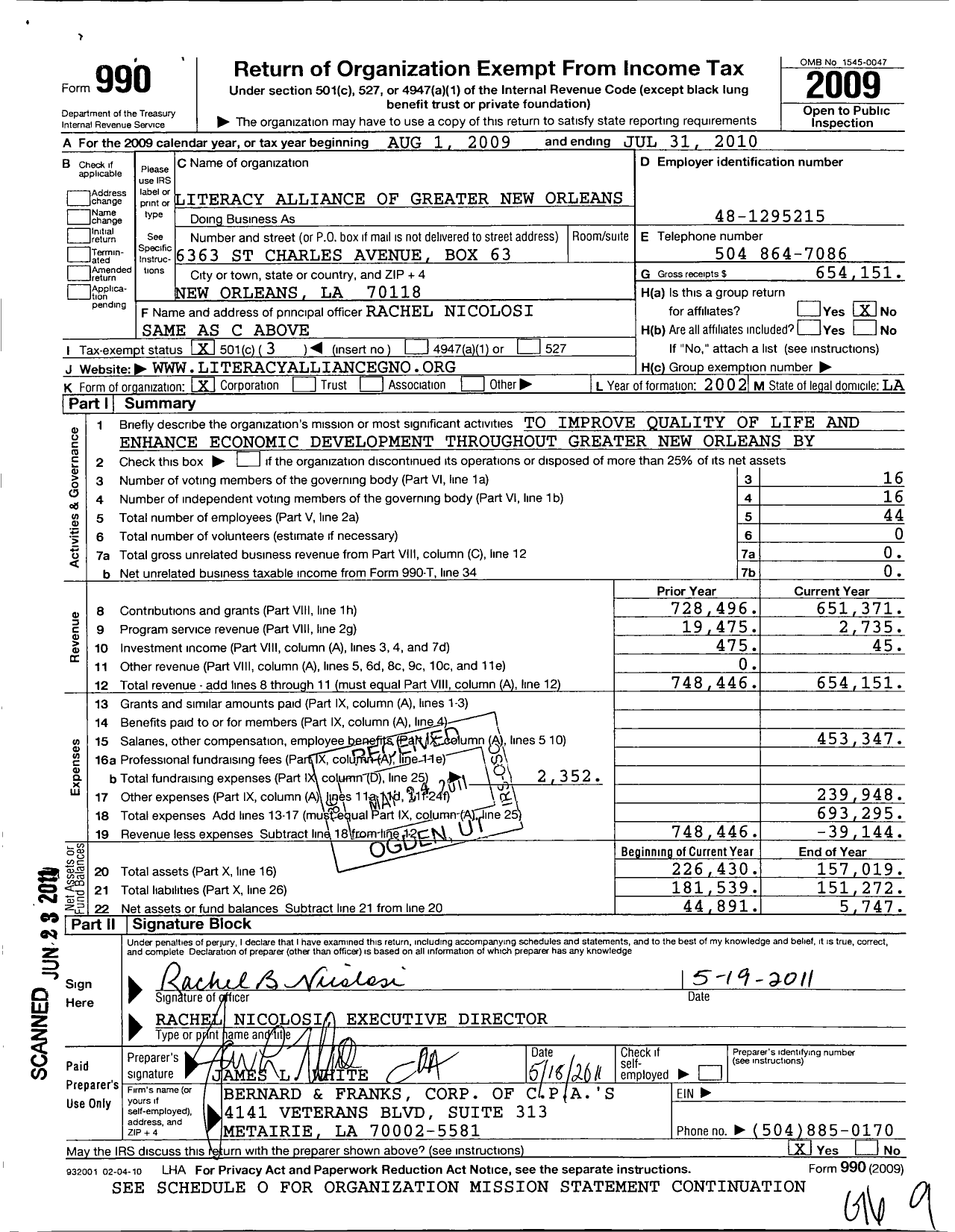 Image of first page of 2009 Form 990 for Literacy Alliance of Greater New Orleans