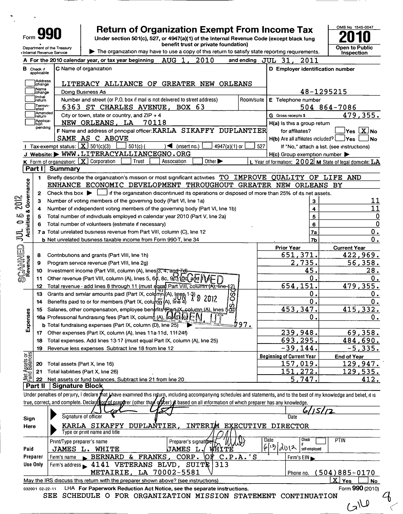 Image of first page of 2010 Form 990 for Literacy Alliance of Greater New Orleans