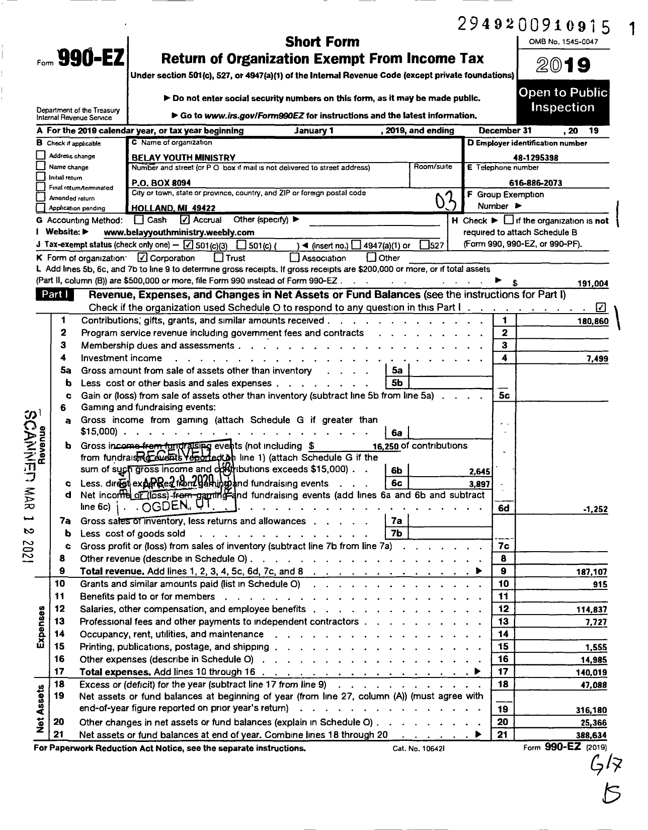 Image of first page of 2019 Form 990EZ for Belay Youth Ministry