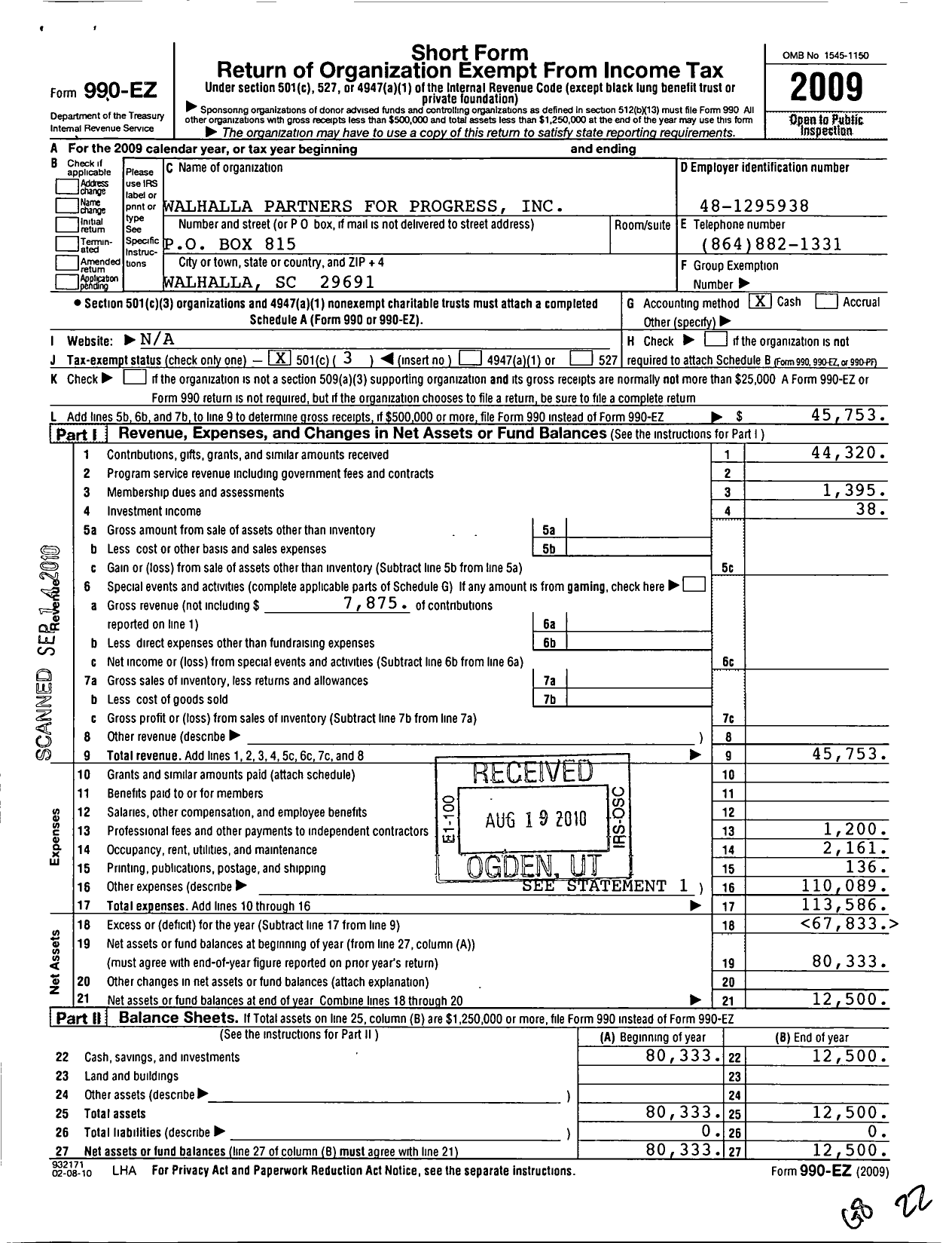 Image of first page of 2009 Form 990EZ for Walhalla Partners for Progress