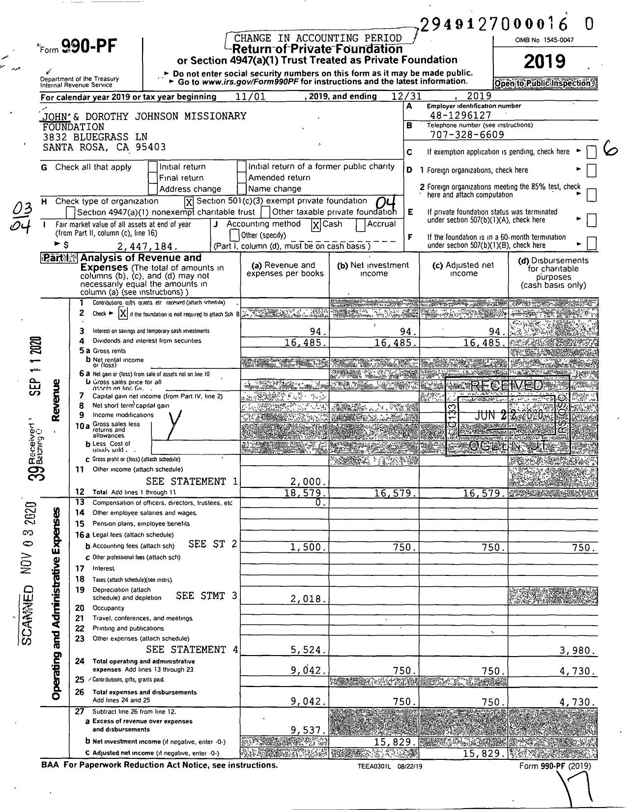 Image of first page of 2019 Form 990PF for John and Dorothy Johnson Missionary Foundation