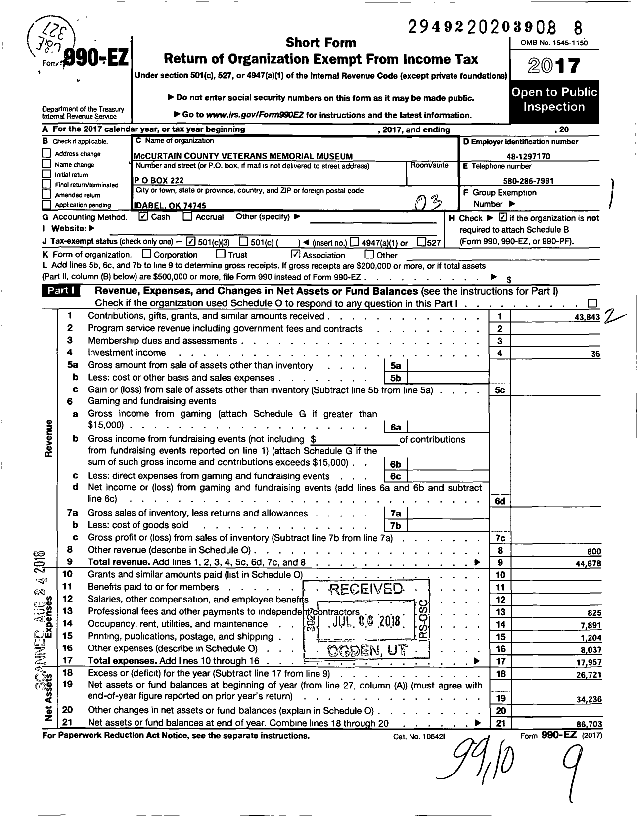 Image of first page of 2017 Form 990EZ for Mccurtain County Veterans Memorial Museum