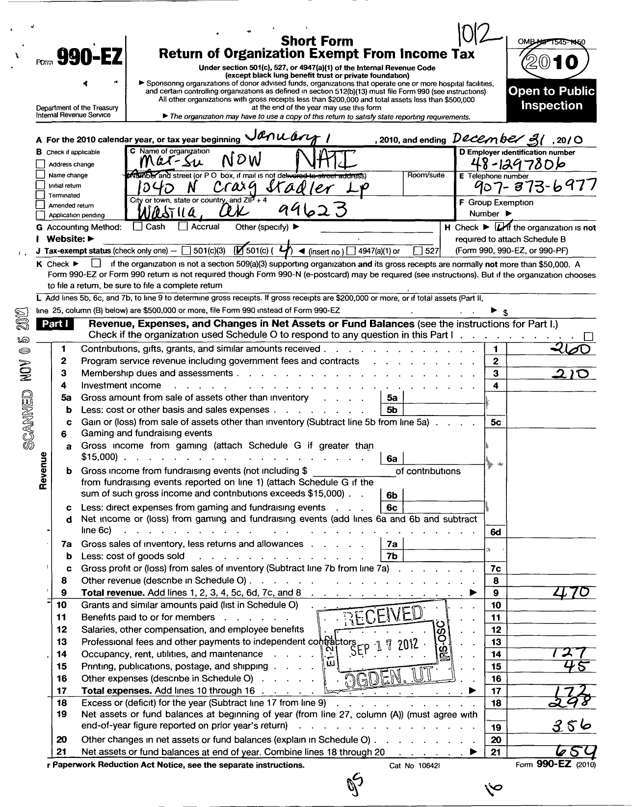 Image of first page of 2010 Form 990EO for National Organization for Women / Ak0150 Mat-Su Now